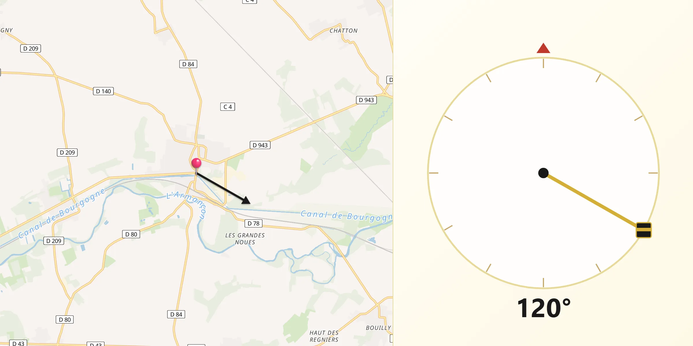 Direction vers la Qibla depuis Brienon-sur-Armançon