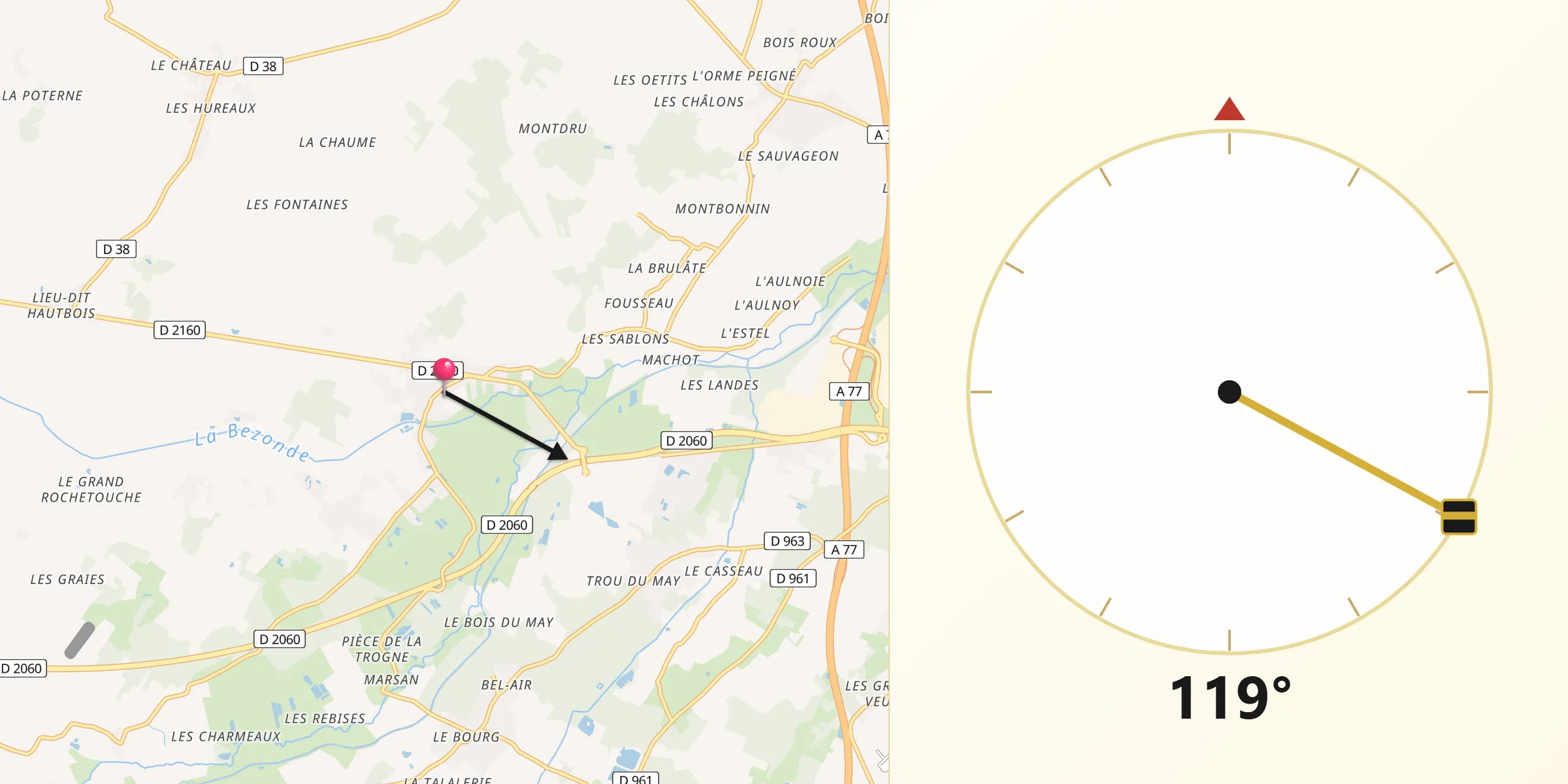 Direction vers la Qibla depuis Saint-Maurice-sur-Fessard