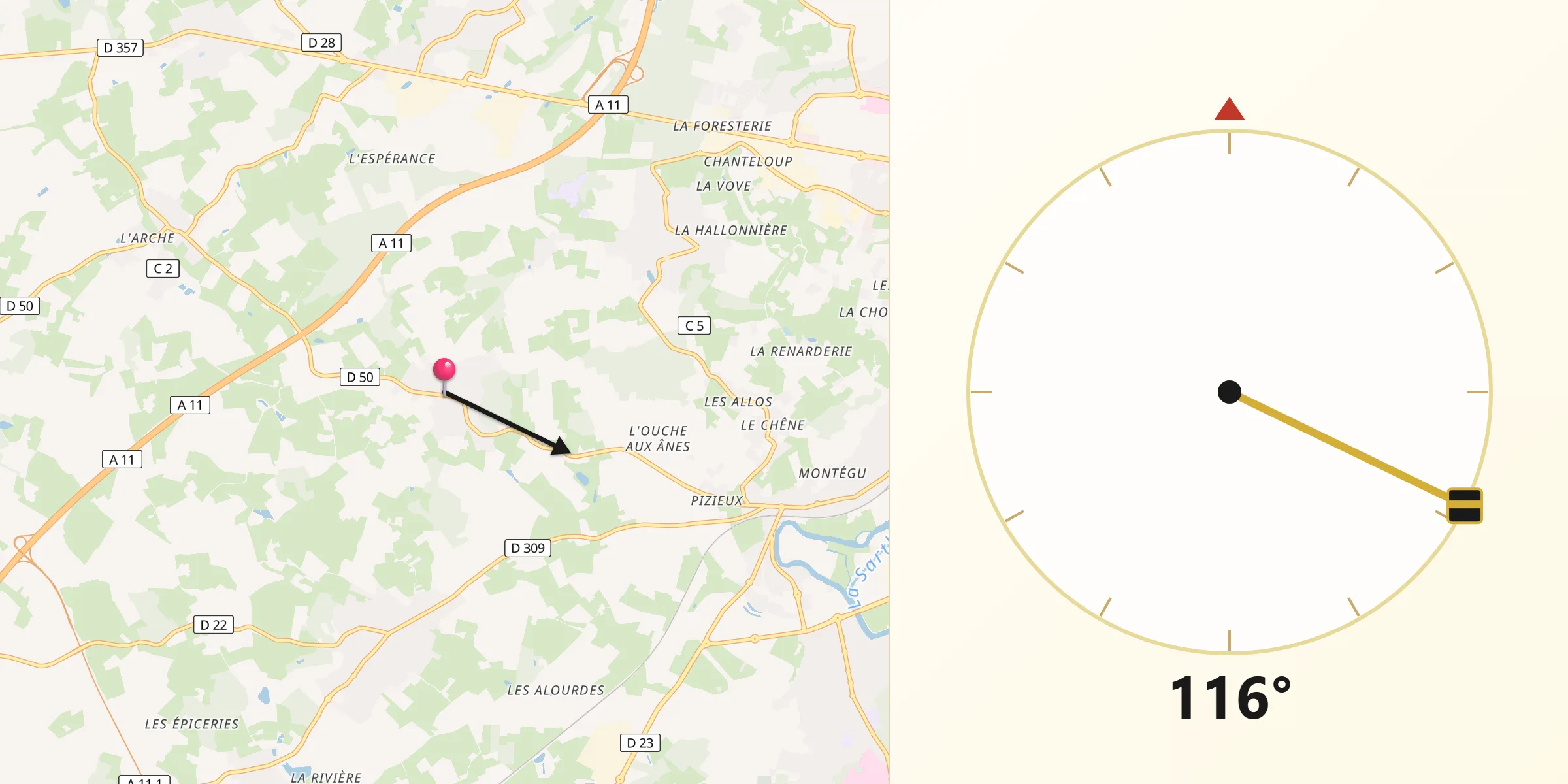 Direction vers la Qibla depuis Pruillé-le-Chétif