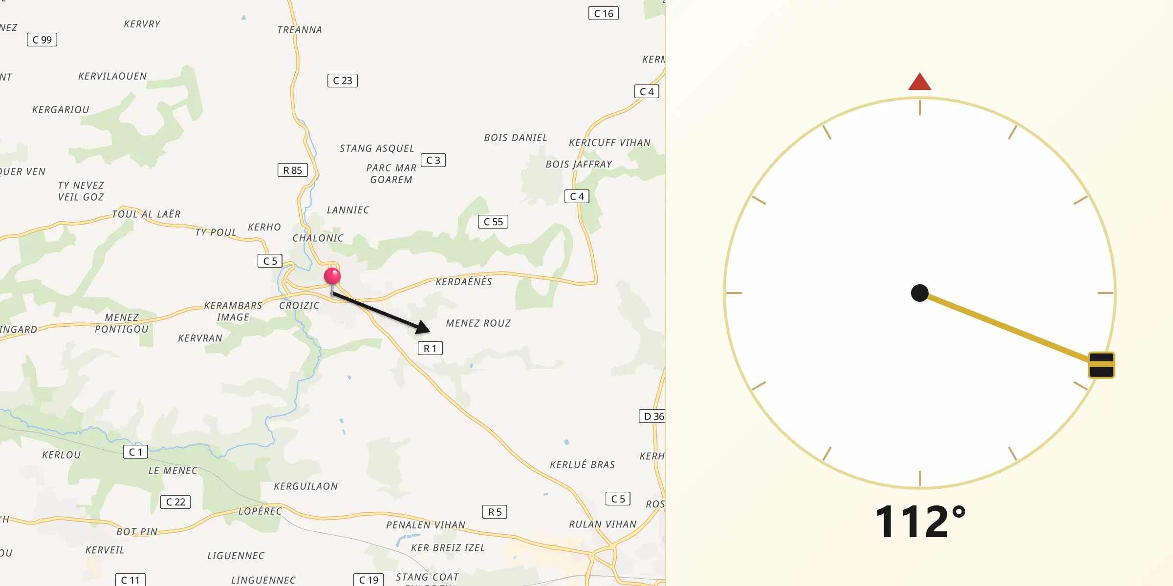 Direction vers la Qibla depuis Elliant