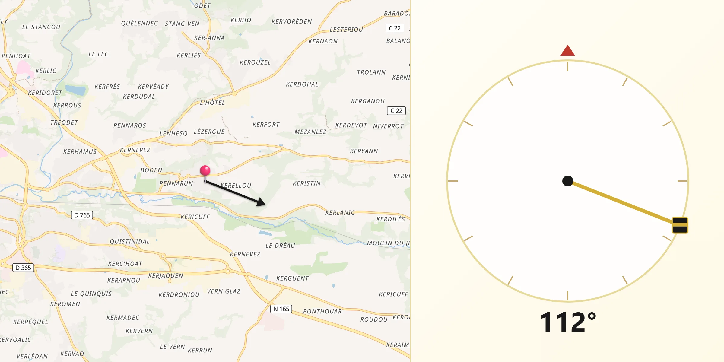 Direction vers la Qibla depuis Ergué-Gabéric