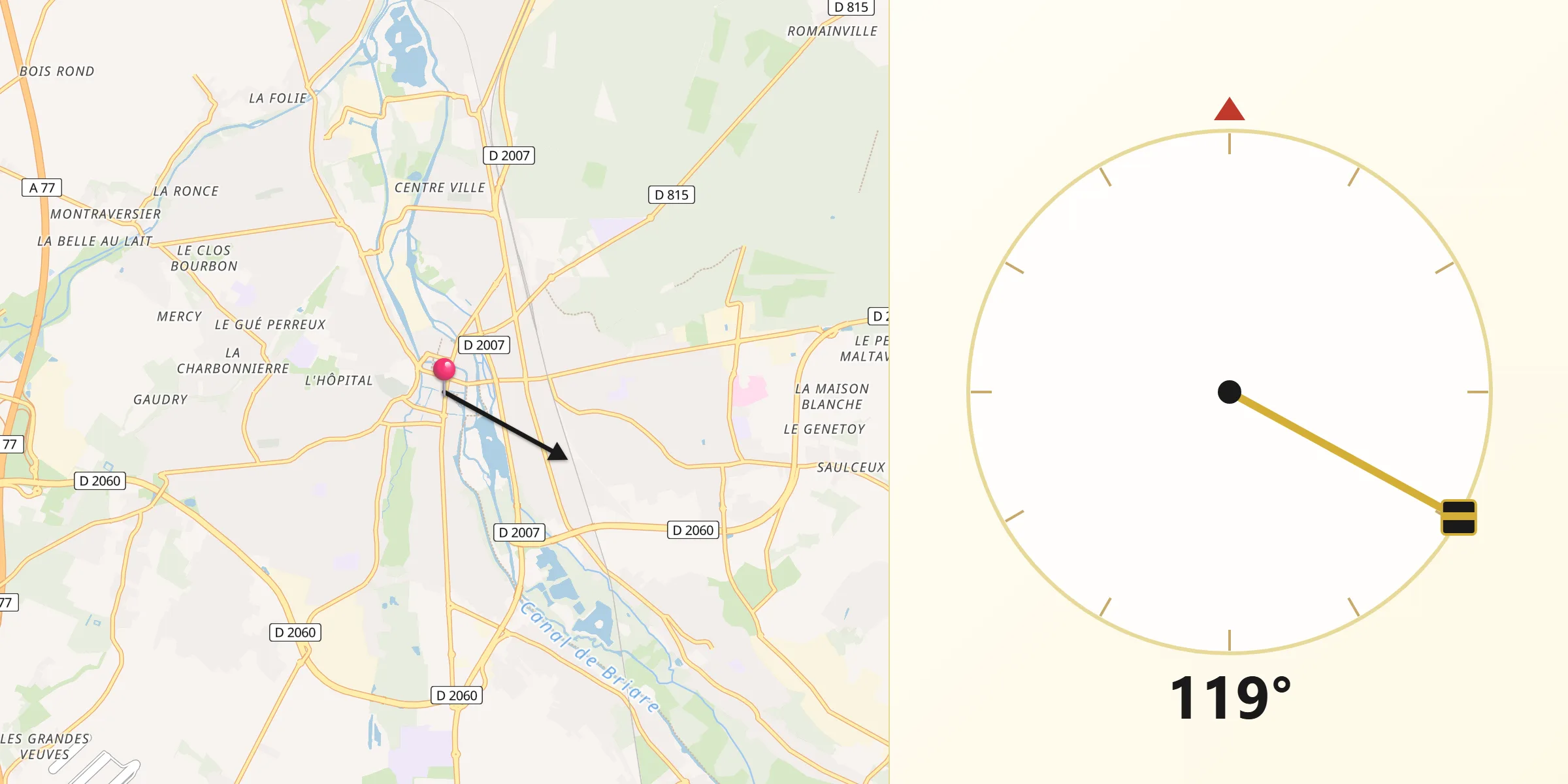 Direction vers la Qibla depuis Montargis