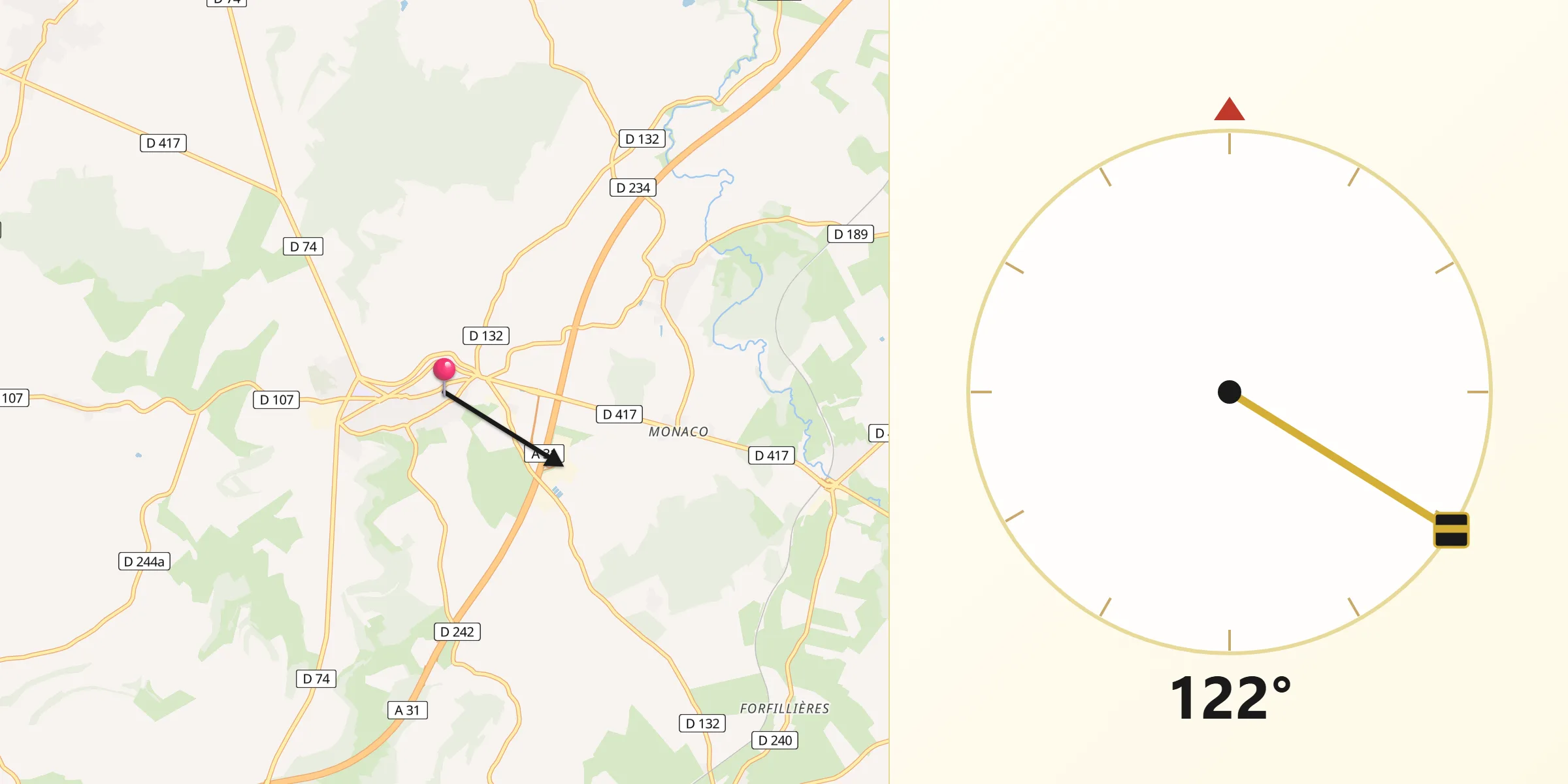 Direction vers la Qibla depuis Val-de-Meuse
