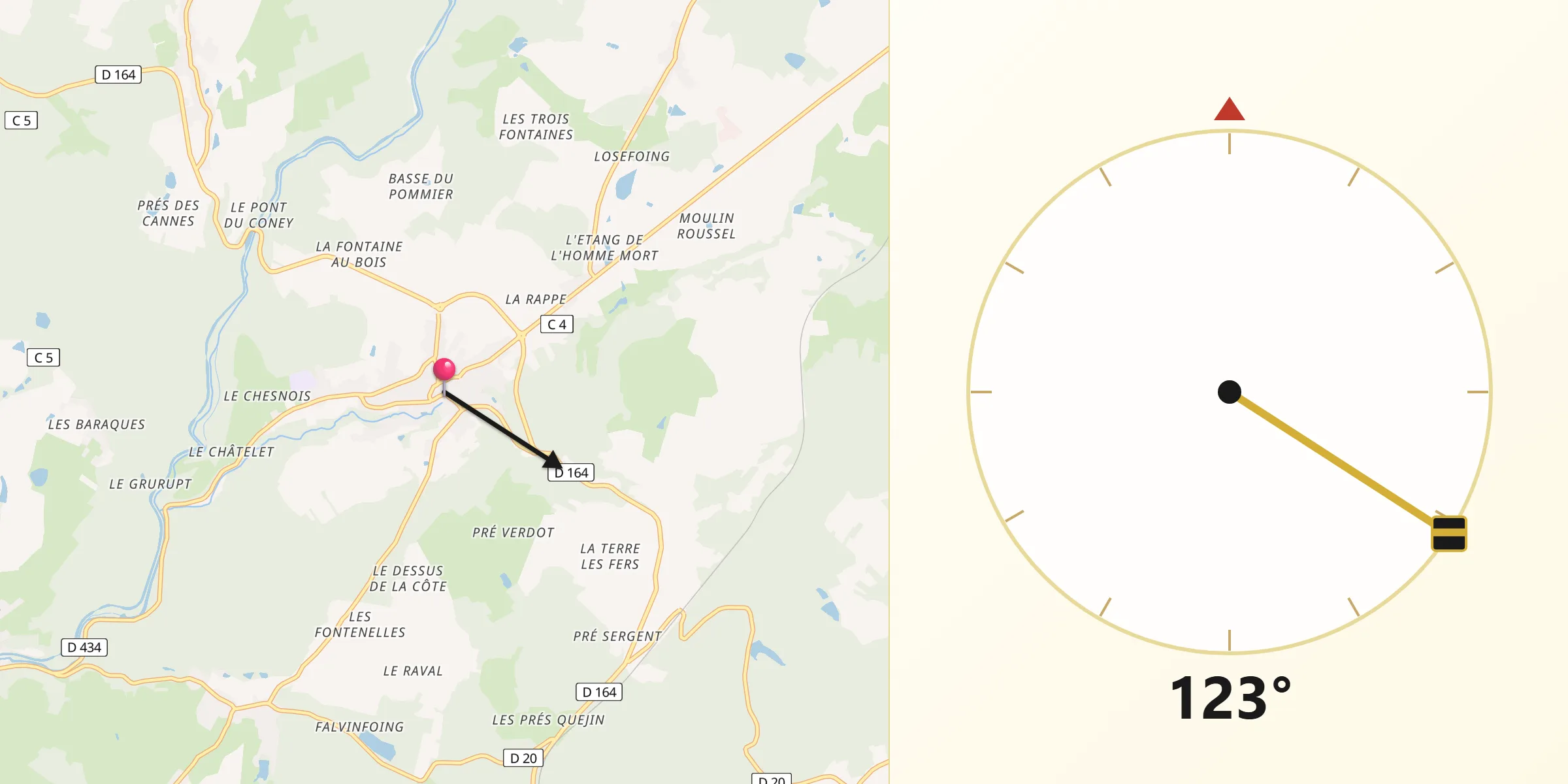 Direction vers la Qibla depuis Bains-les-Bains