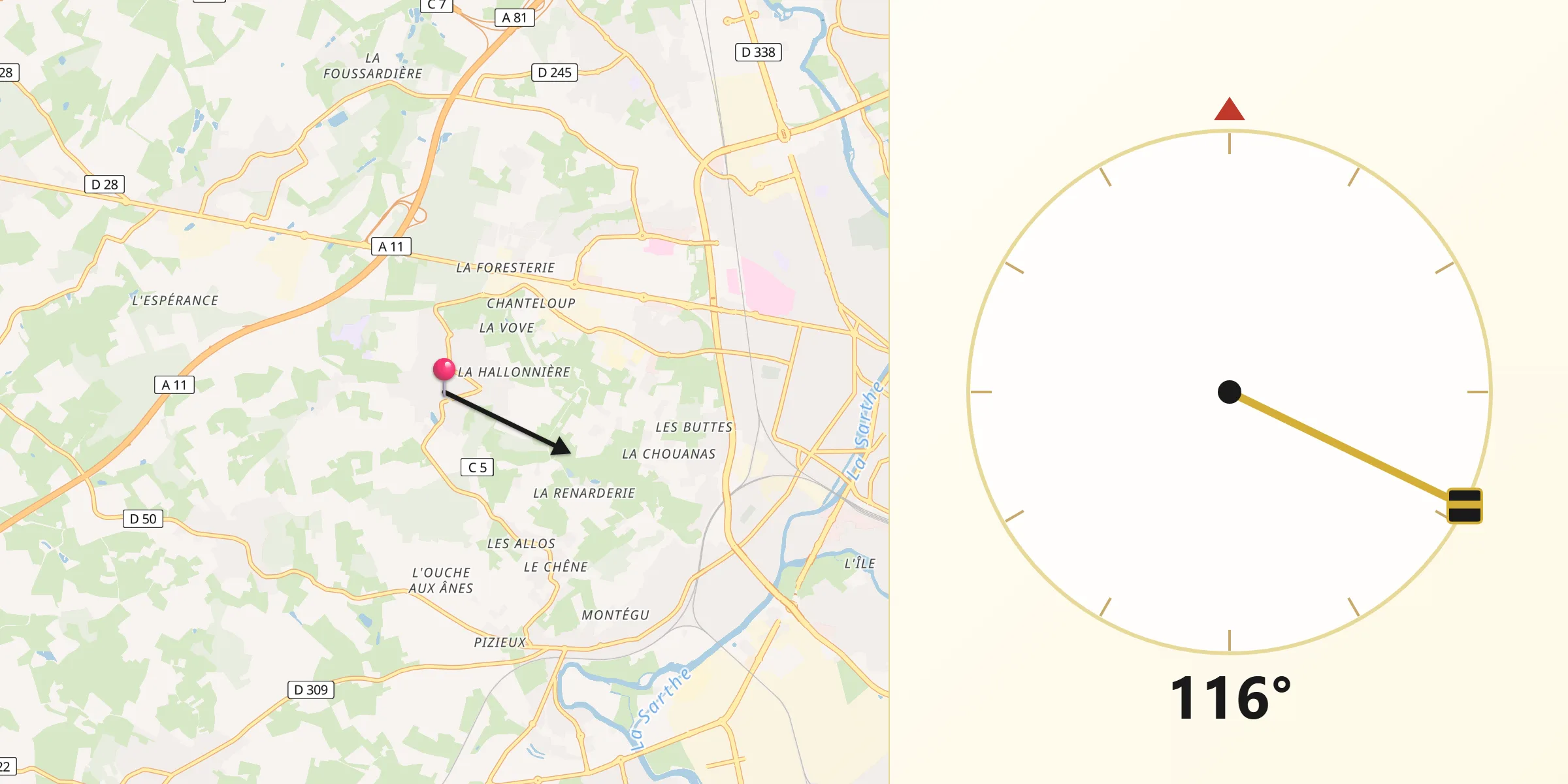 Direction vers la Qibla depuis Rouillon