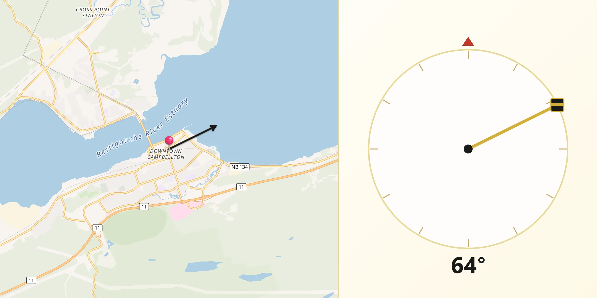 Qibla Direction from Campbellton