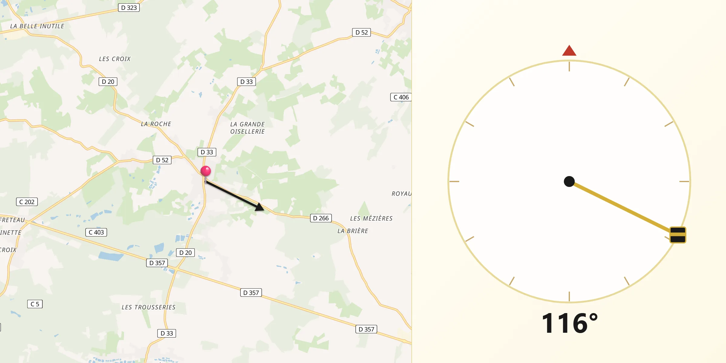 Direction vers la Qibla depuis Le Breil-sur-Mérize