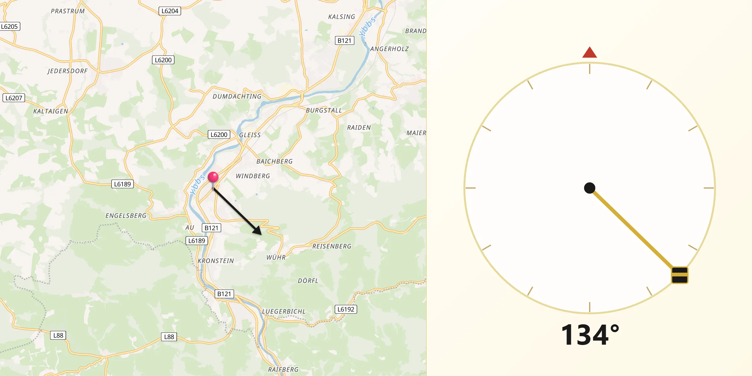 Qibla-Richtung von Rosenau am Sonntagberg
