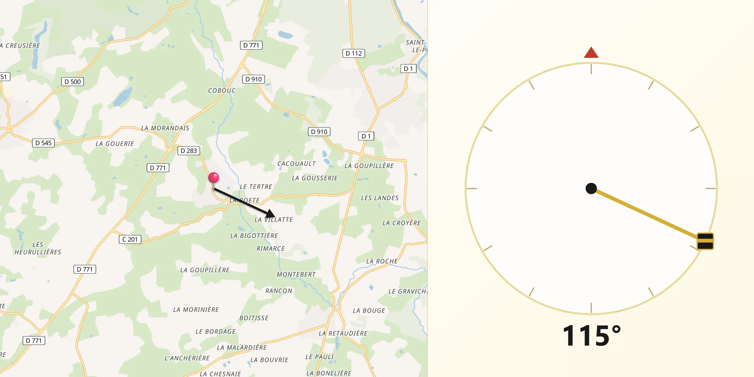 Direction vers la Qibla depuis Montigné-le-Brillant