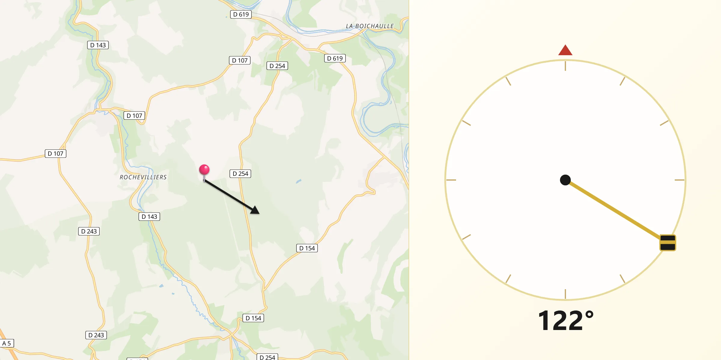 Direction vers la Qibla depuis Marnay-sur-Marne