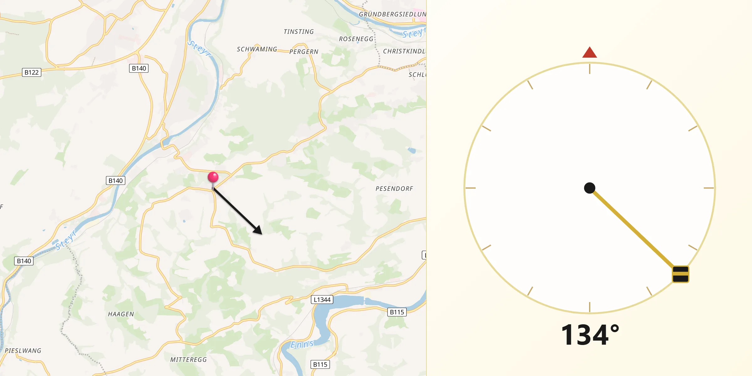 Qibla-Richtung von Aschach an der Steyr