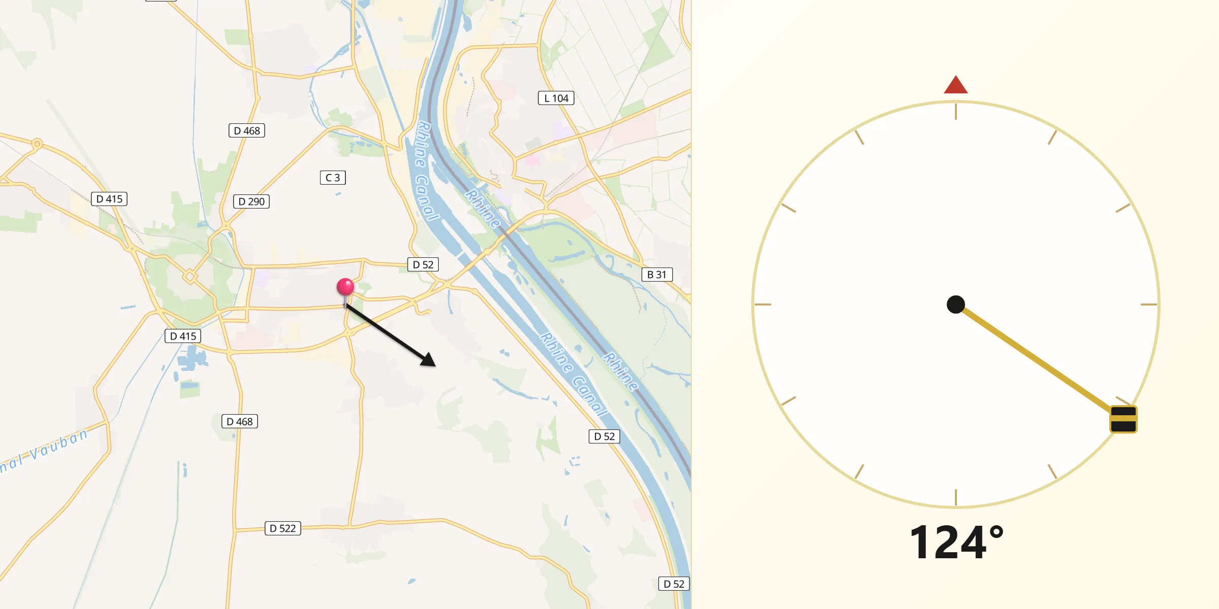 Direction vers la Qibla depuis Volgelsheim