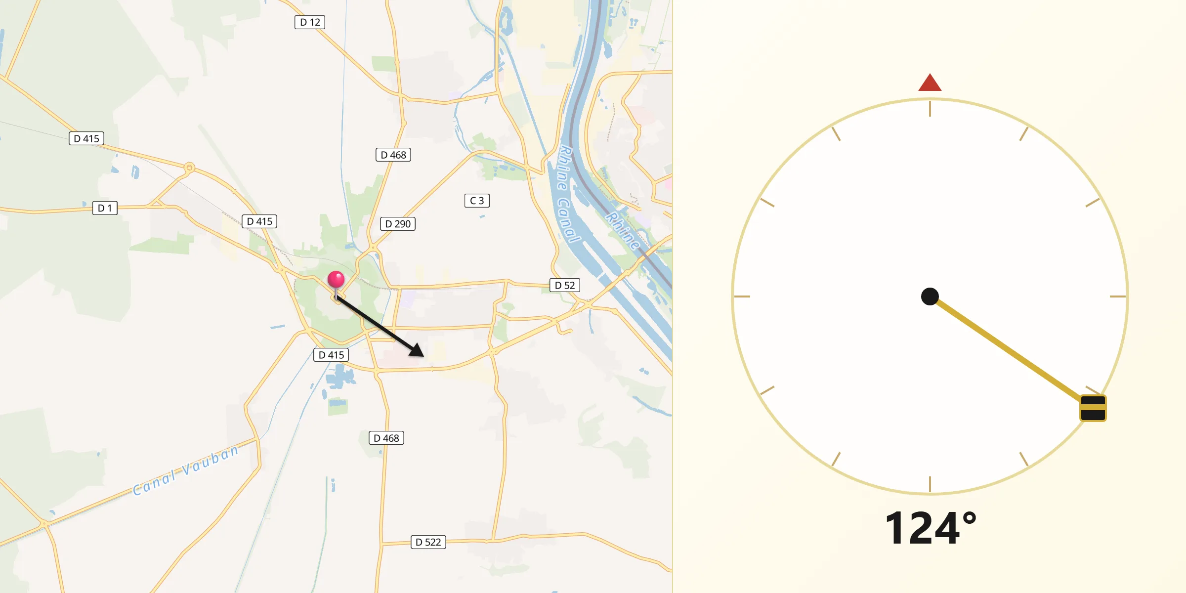 Direction vers la Qibla depuis Neuf-Brisach