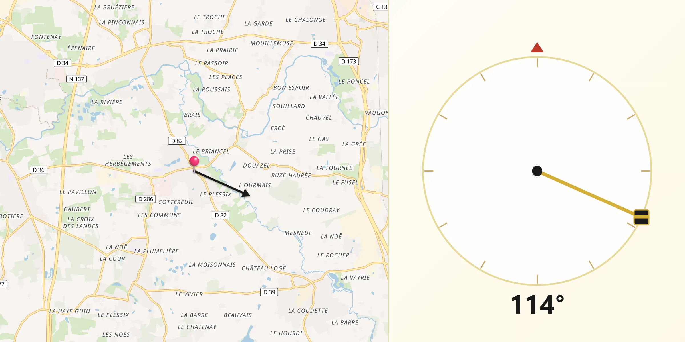 Direction vers la Qibla depuis Saint-Erblon