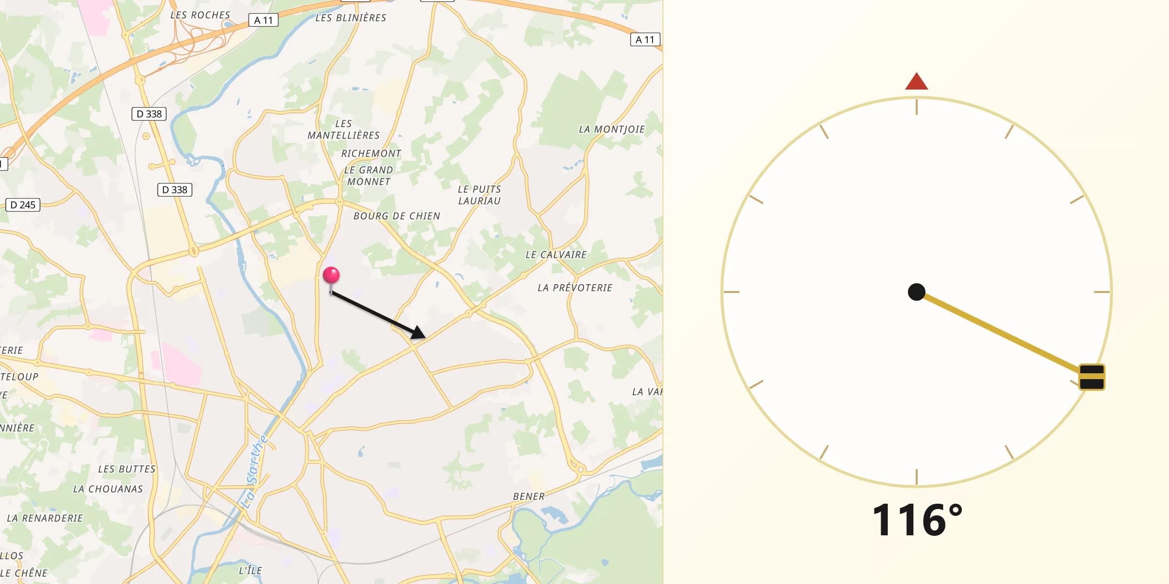 Direction vers la Qibla depuis Coulaines