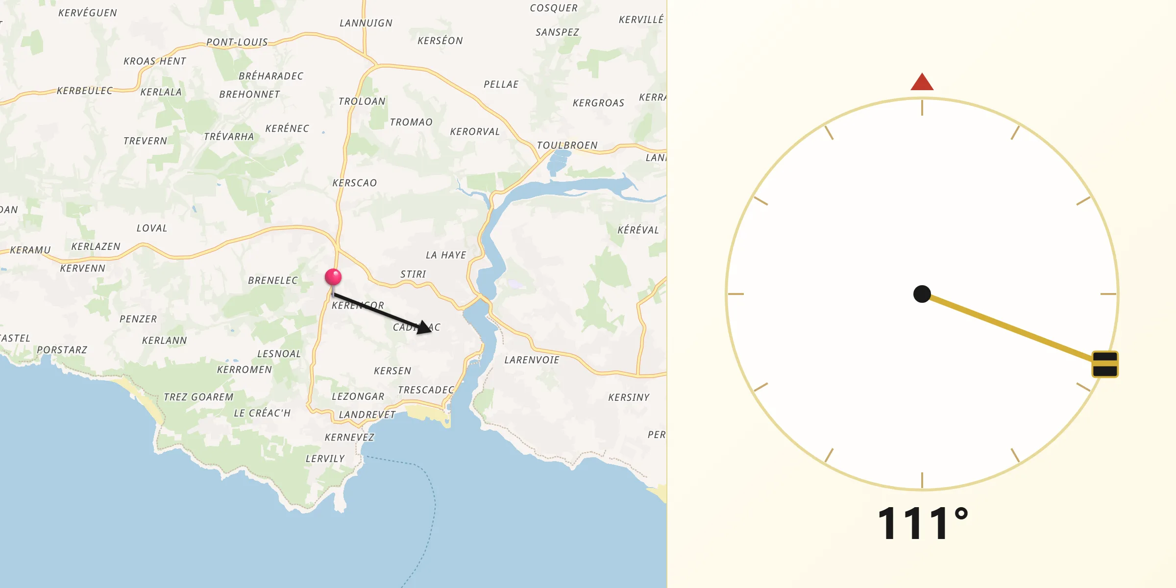 Direction vers la Qibla depuis Esquibien