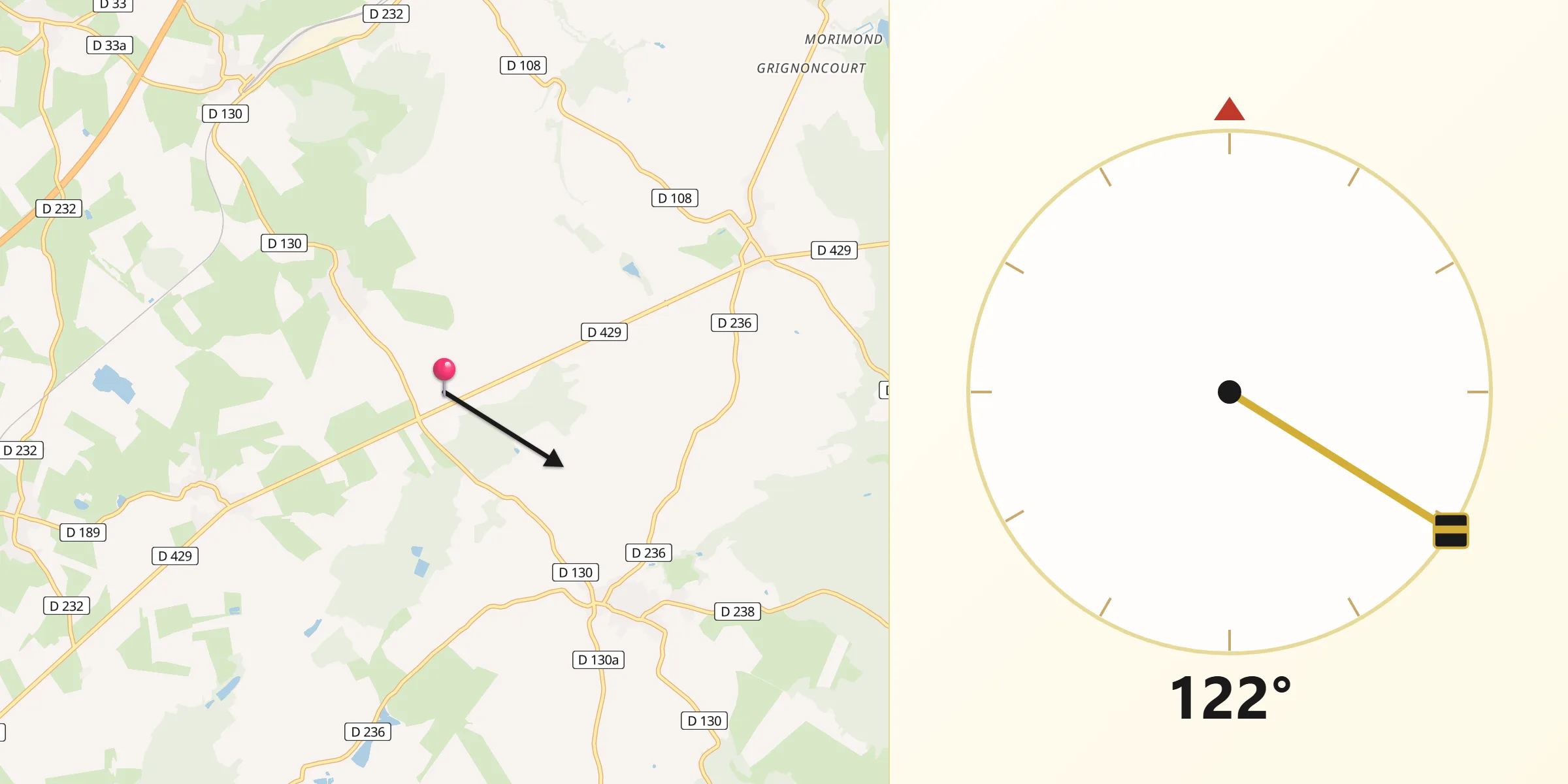Direction vers la Qibla depuis Parnoy-en-Bassigny