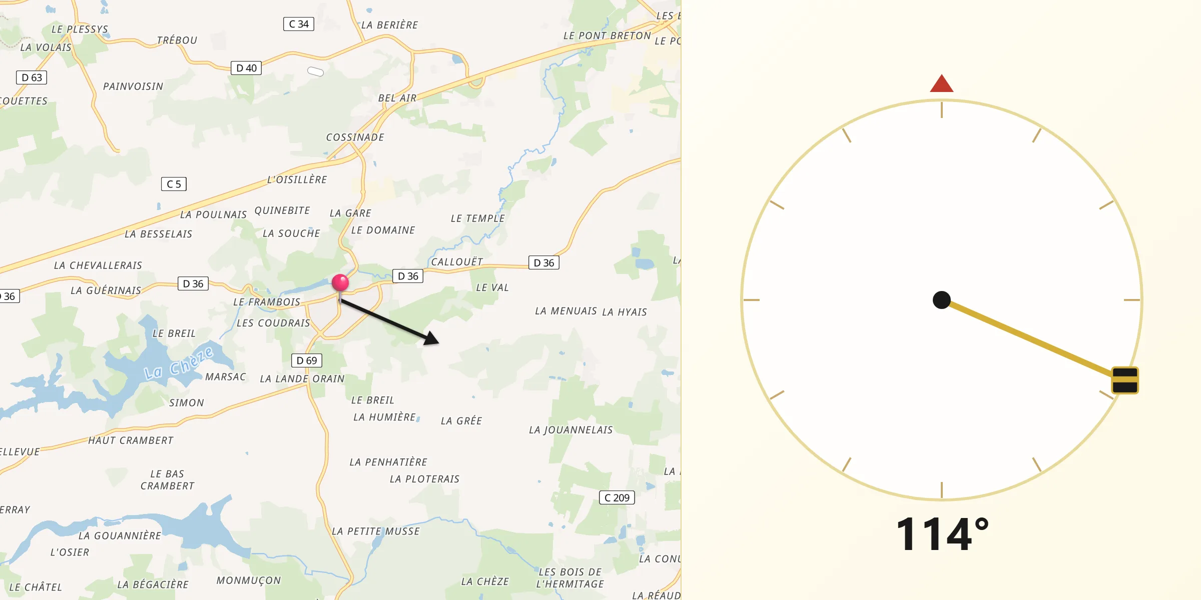 Direction vers la Qibla depuis Saint-Thurial