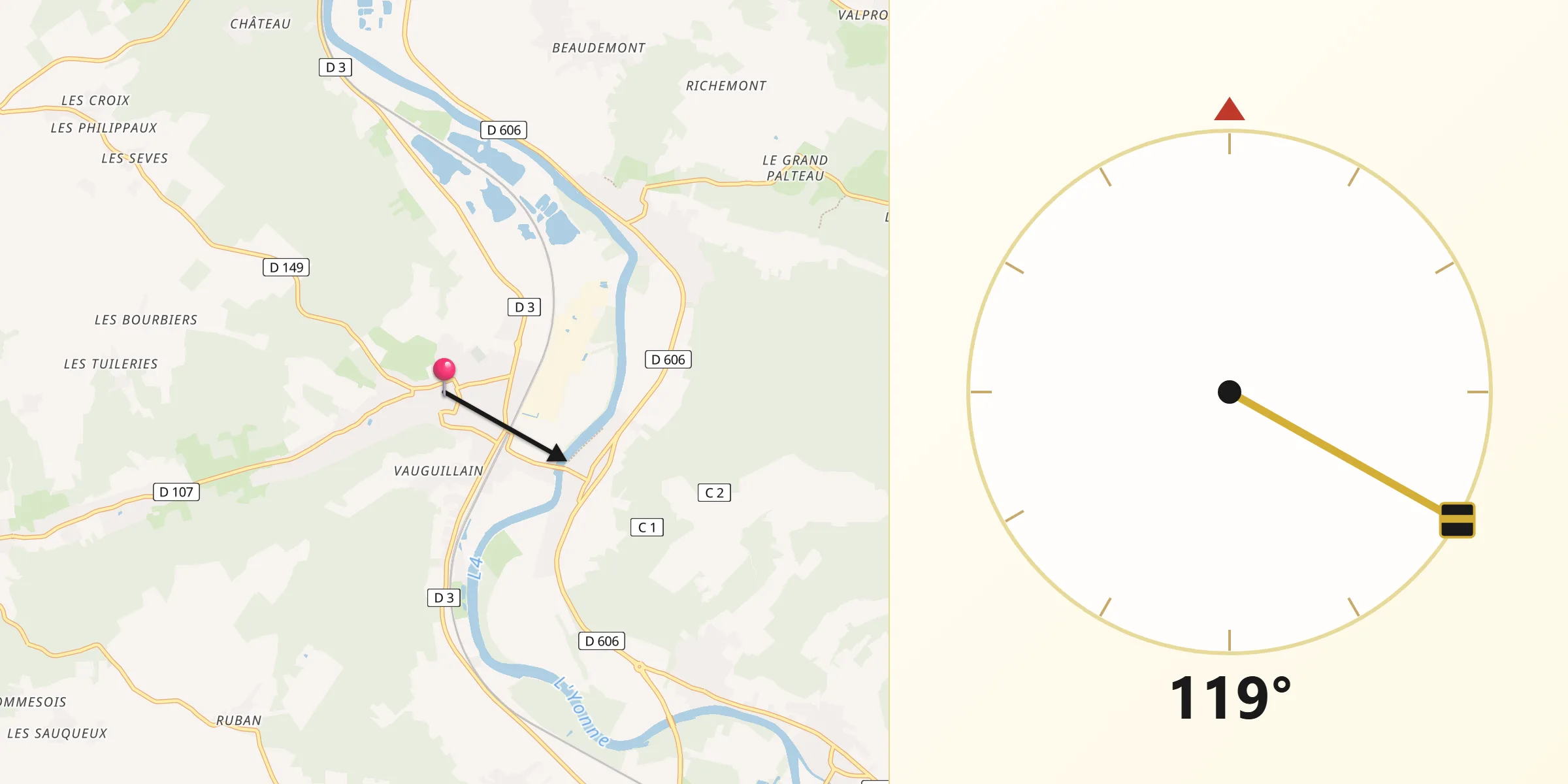 Direction vers la Qibla depuis Saint-Julien-du-Sault