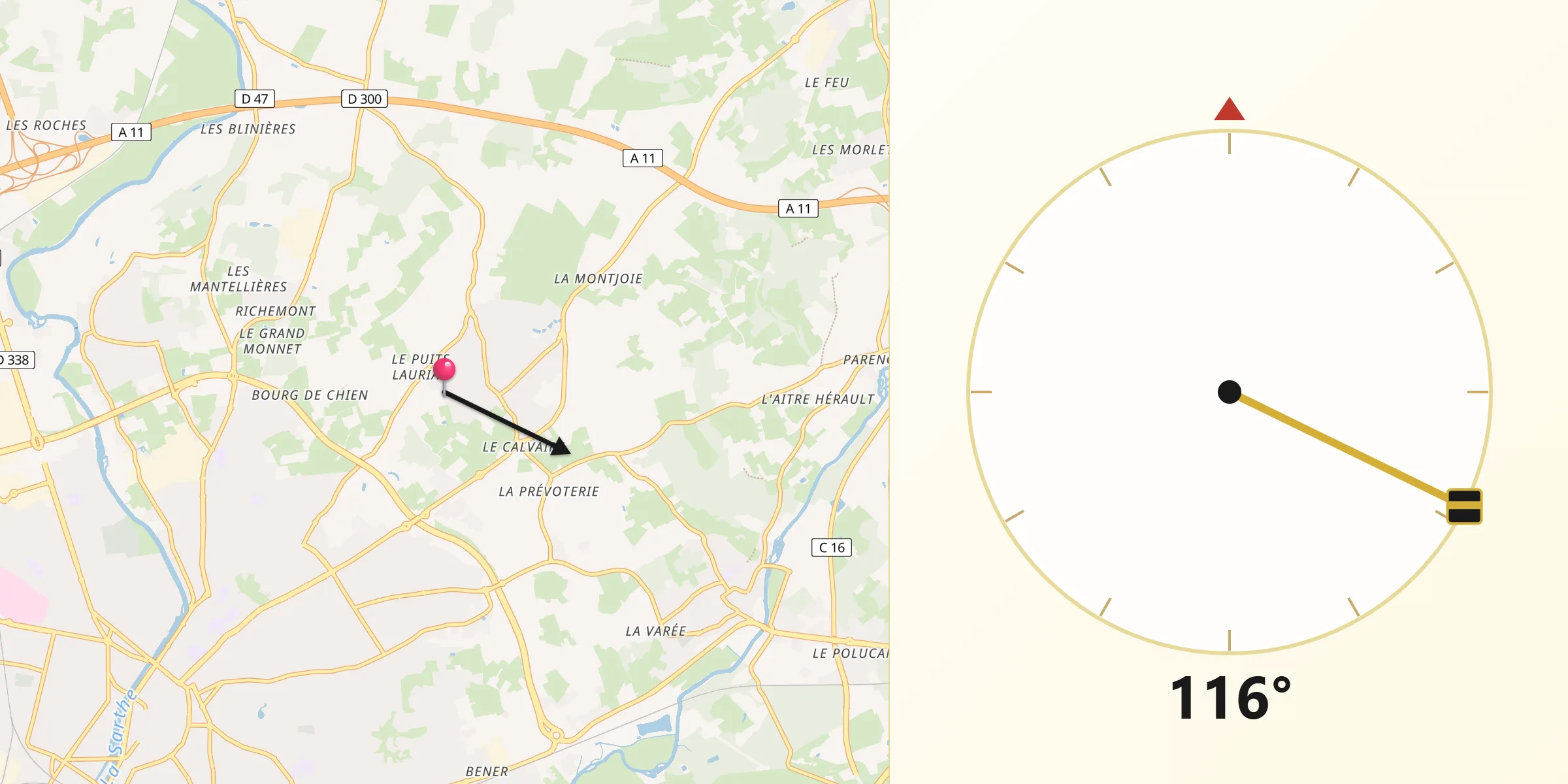 Direction vers la Qibla depuis Sargé-lès-le-Mans