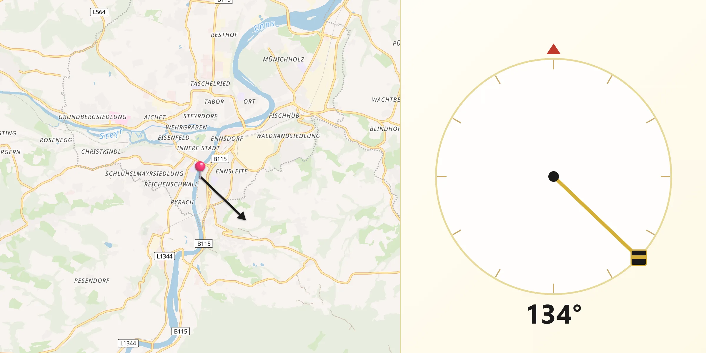 Qibla-Richtung von Steyr Stadt