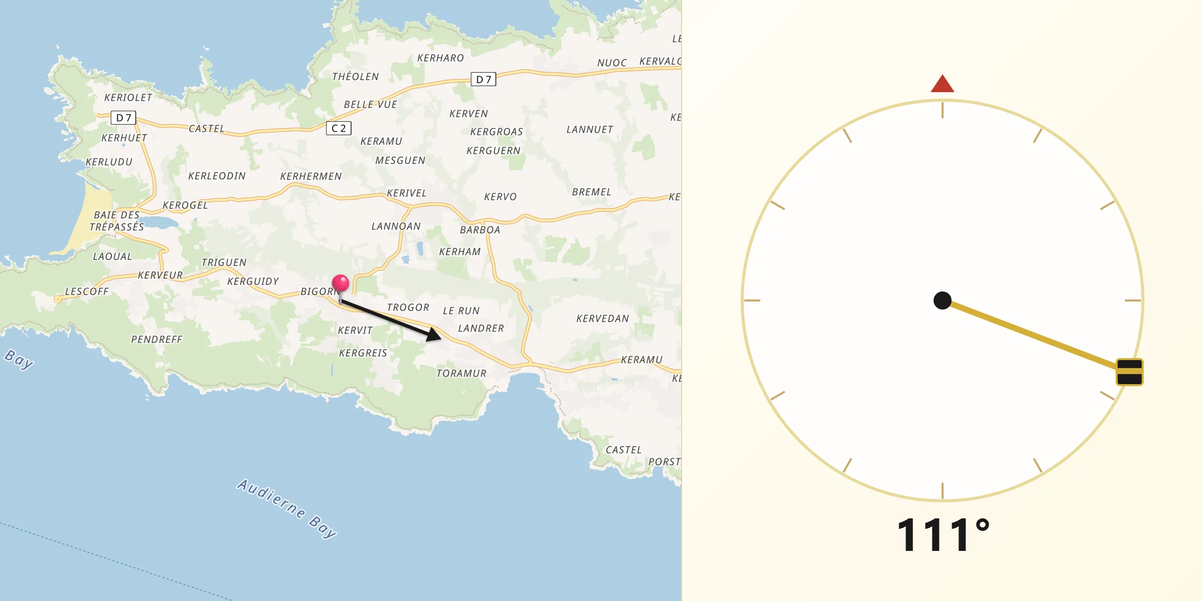 Direction vers la Qibla depuis Plogoff