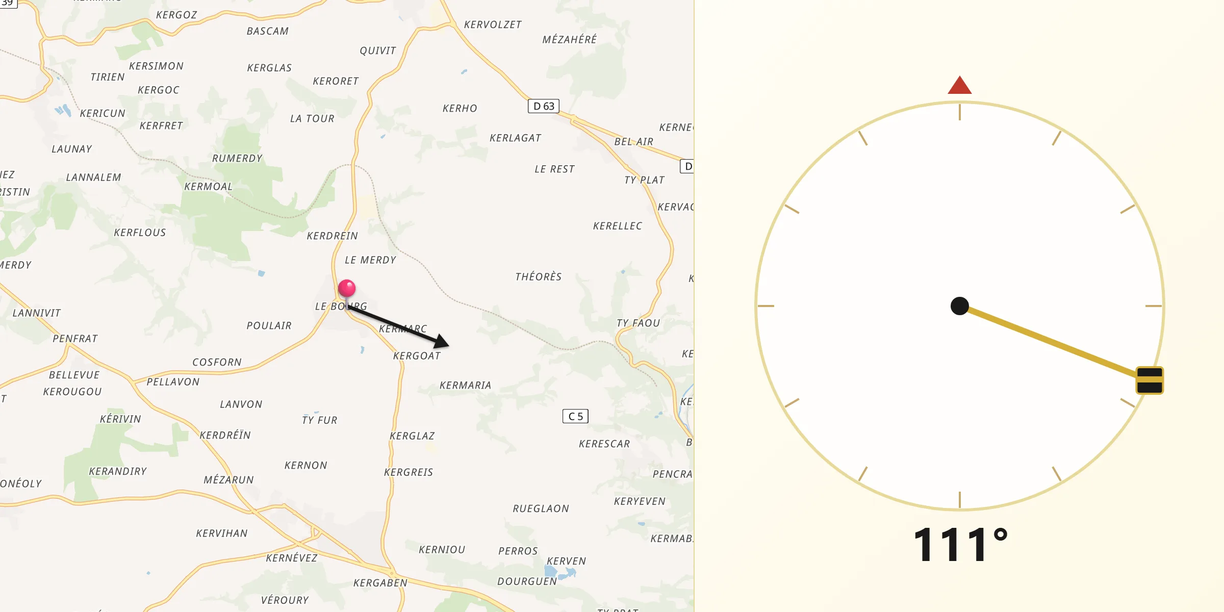 Direction vers la Qibla depuis Guengat