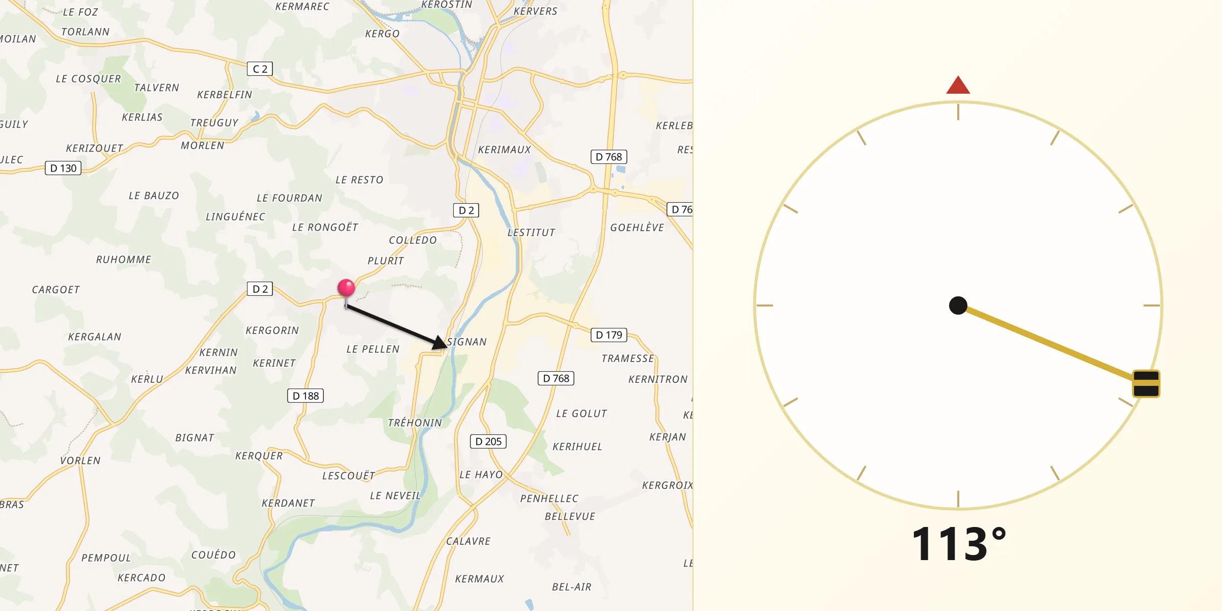 Direction vers la Qibla depuis Le Sourn
