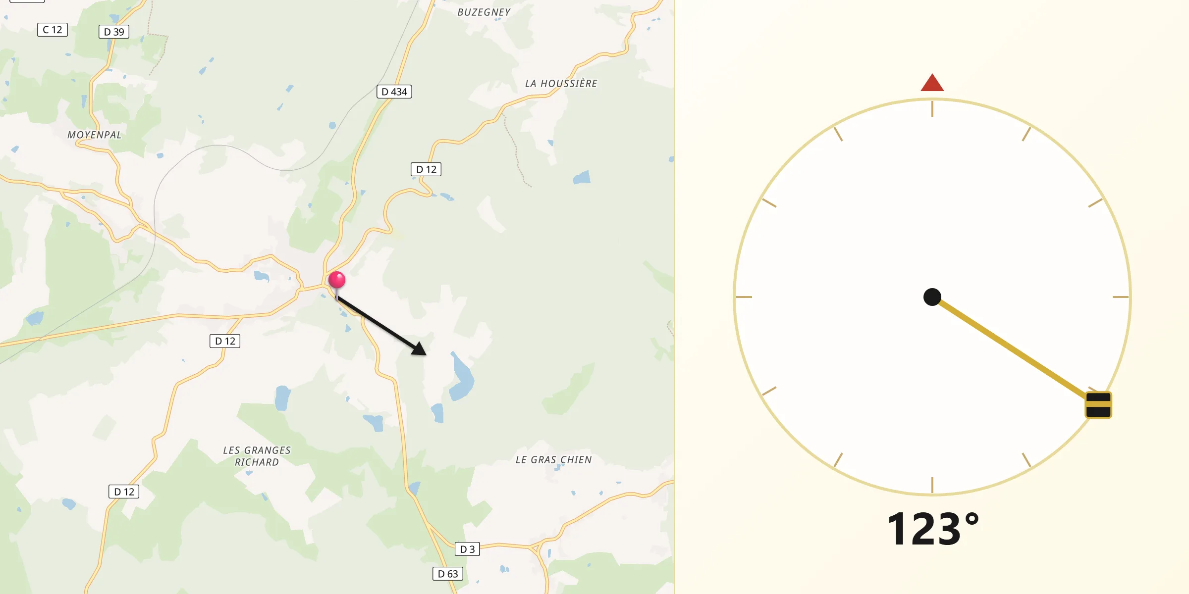 Direction vers la Qibla depuis Xertigny