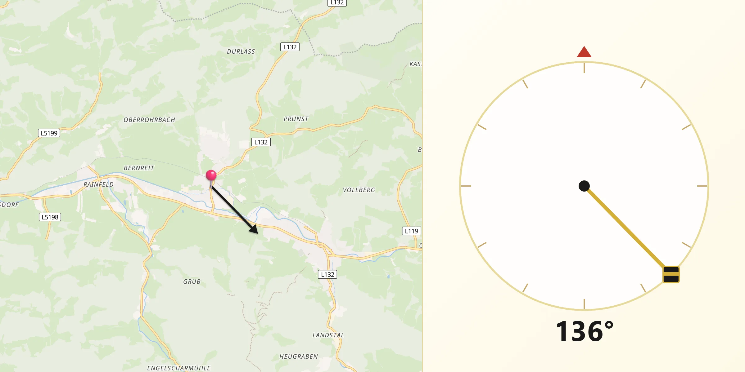 Qibla-Richtung von Rohrbach an der Gölsen