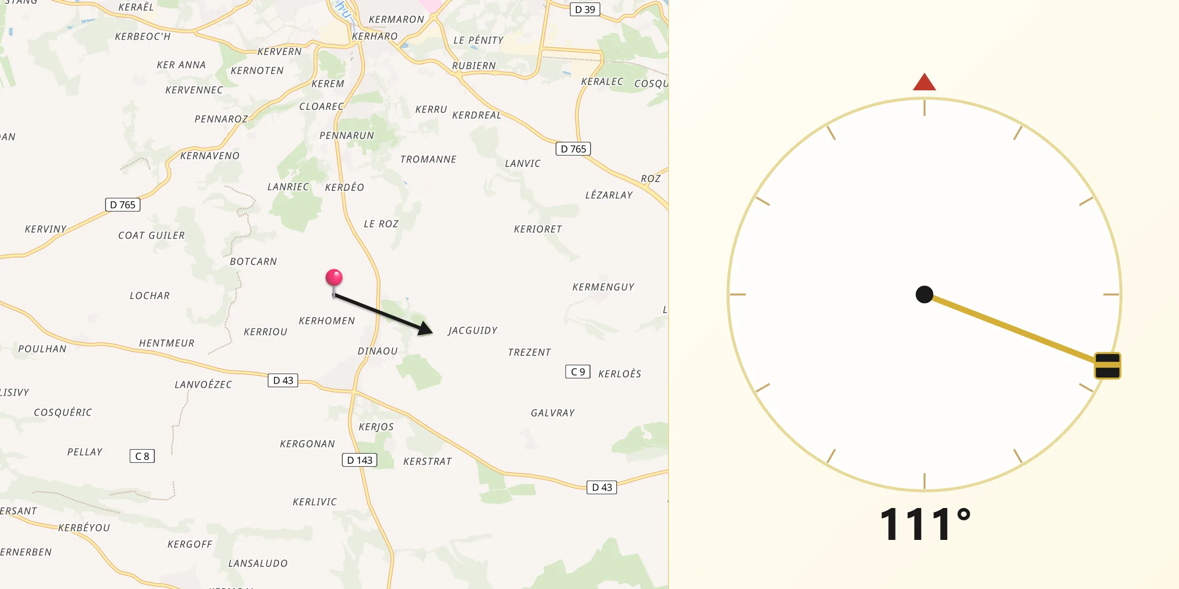 Direction vers la Qibla depuis Pouldergat