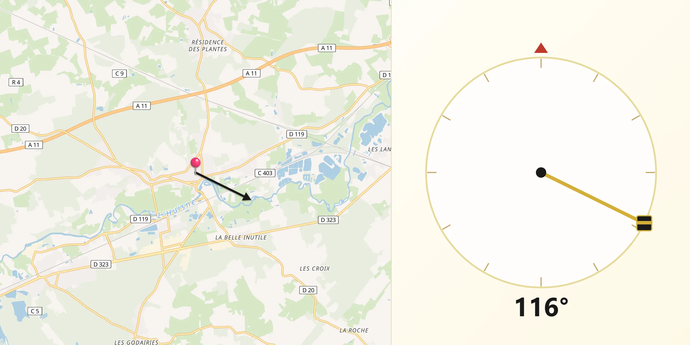 Direction vers la Qibla depuis Montfort-le-Gesnois