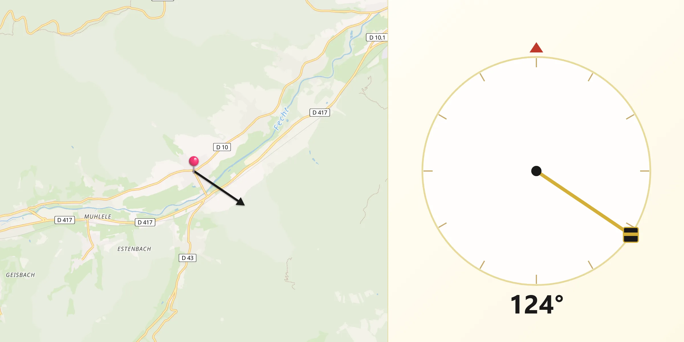 Direction vers la Qibla depuis Wihr-au-Val