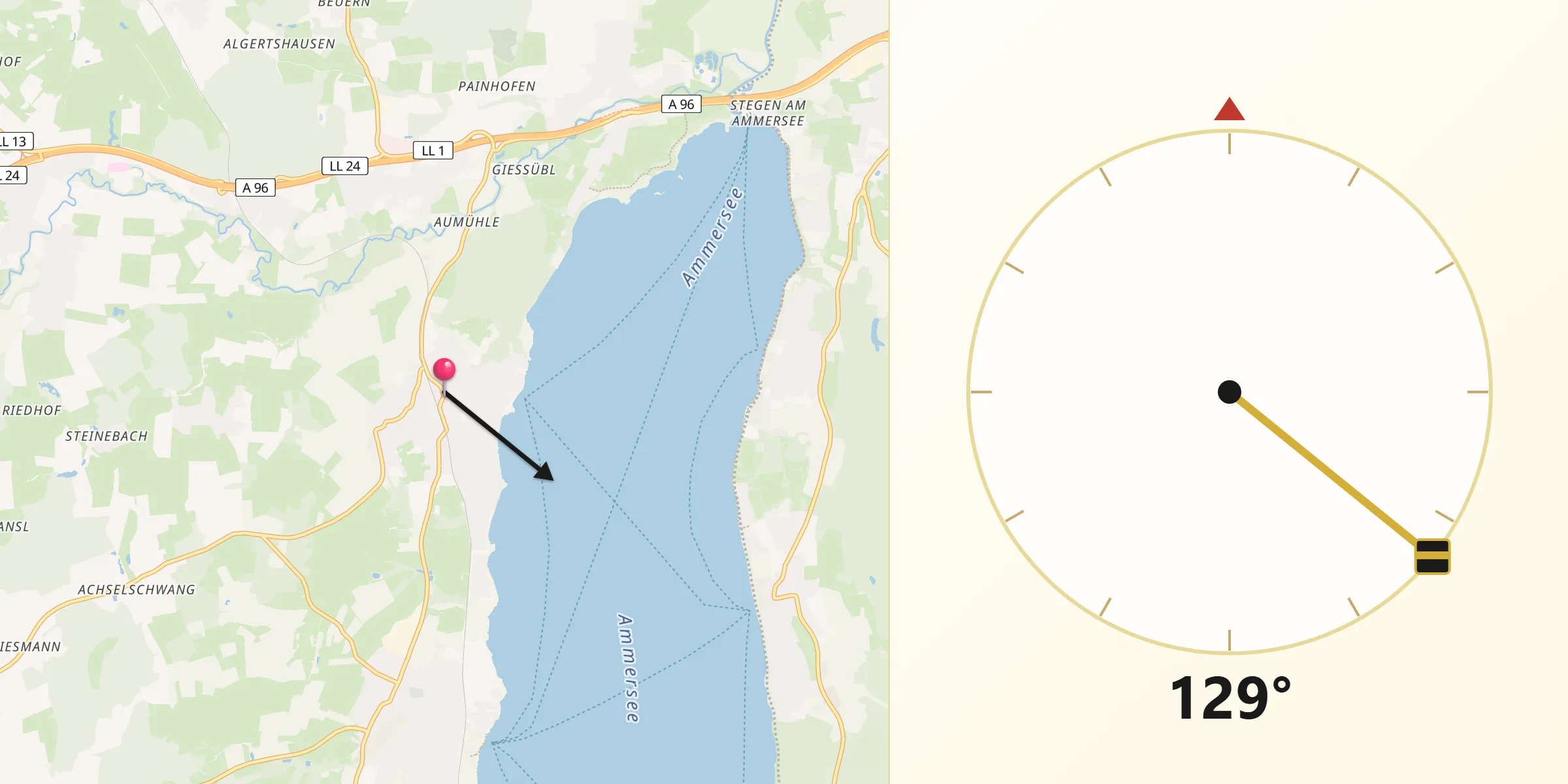 Qibla-Richtung von Schondorf am Ammersee