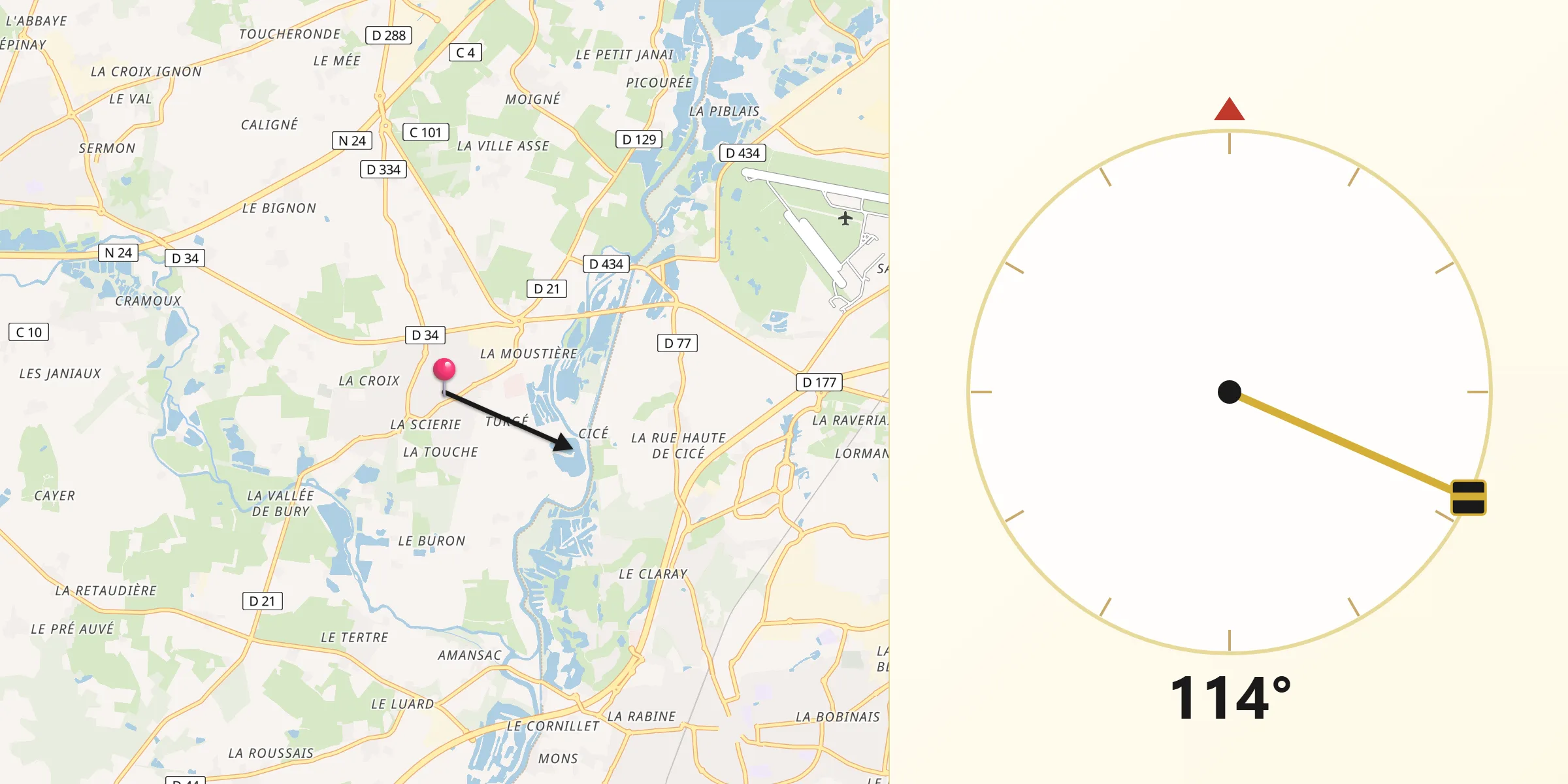 Direction vers la Qibla depuis Chavagne