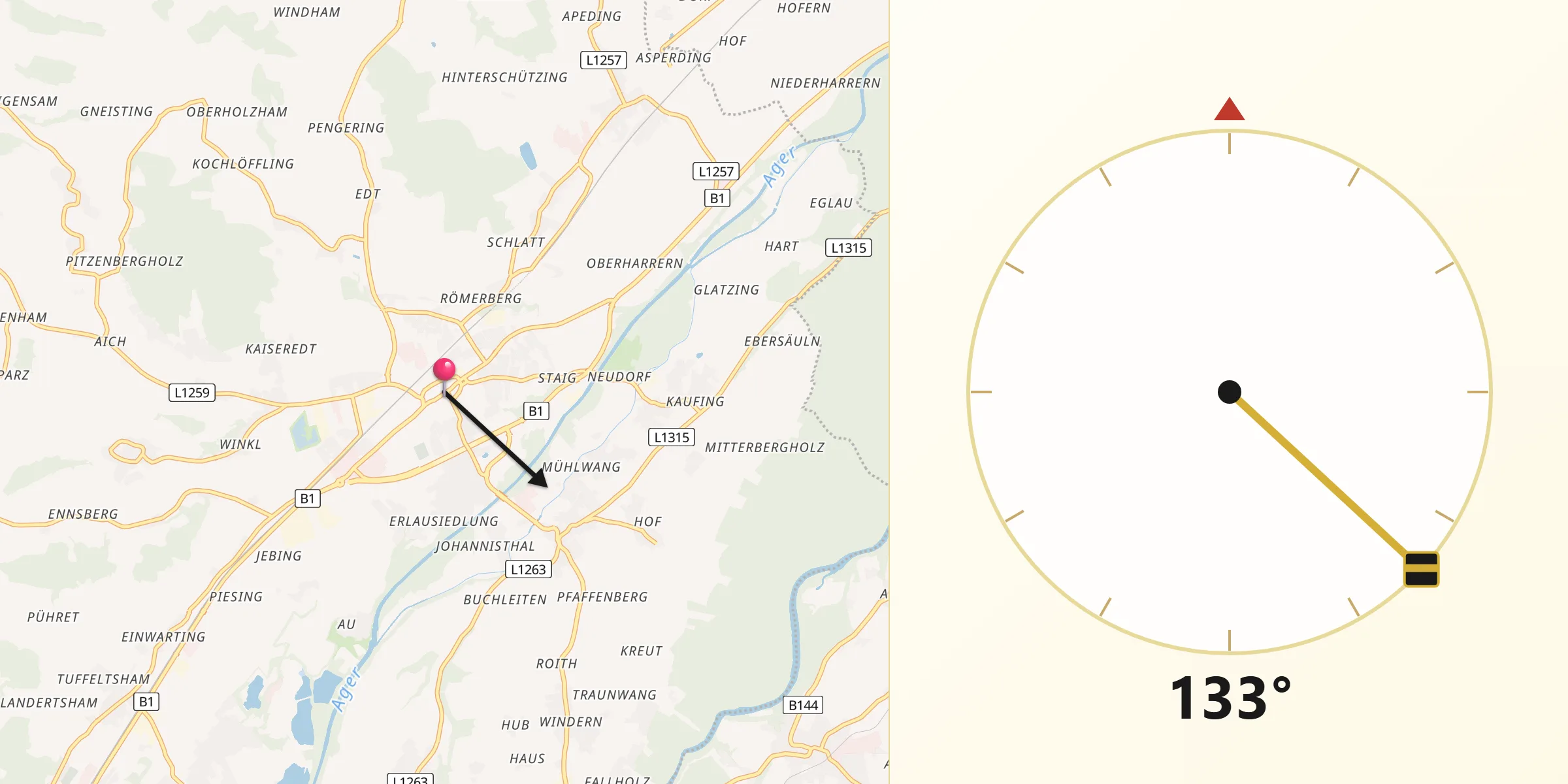 Qibla-Richtung von Schwanenstadt