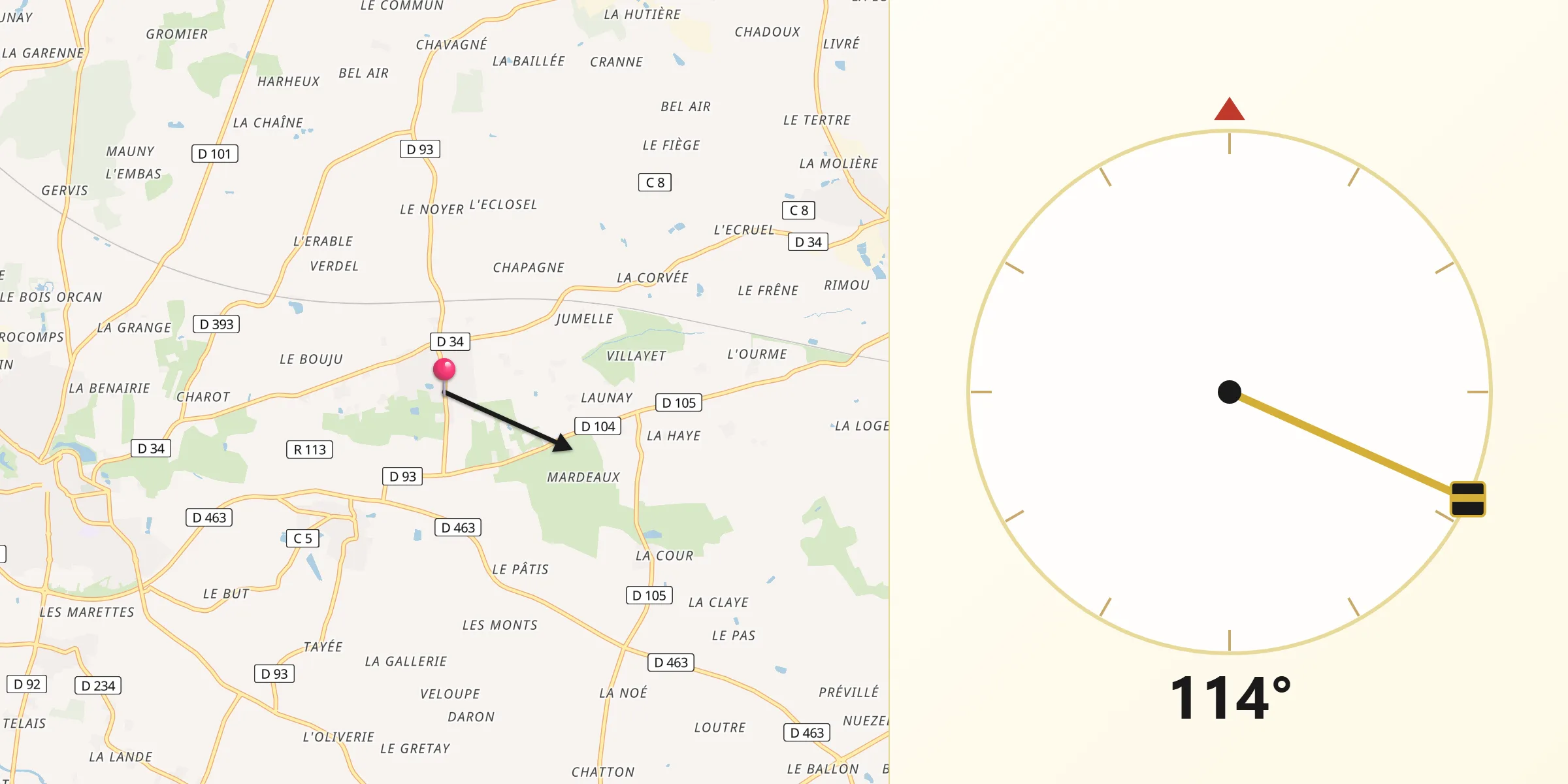 Direction vers la Qibla depuis Ossé