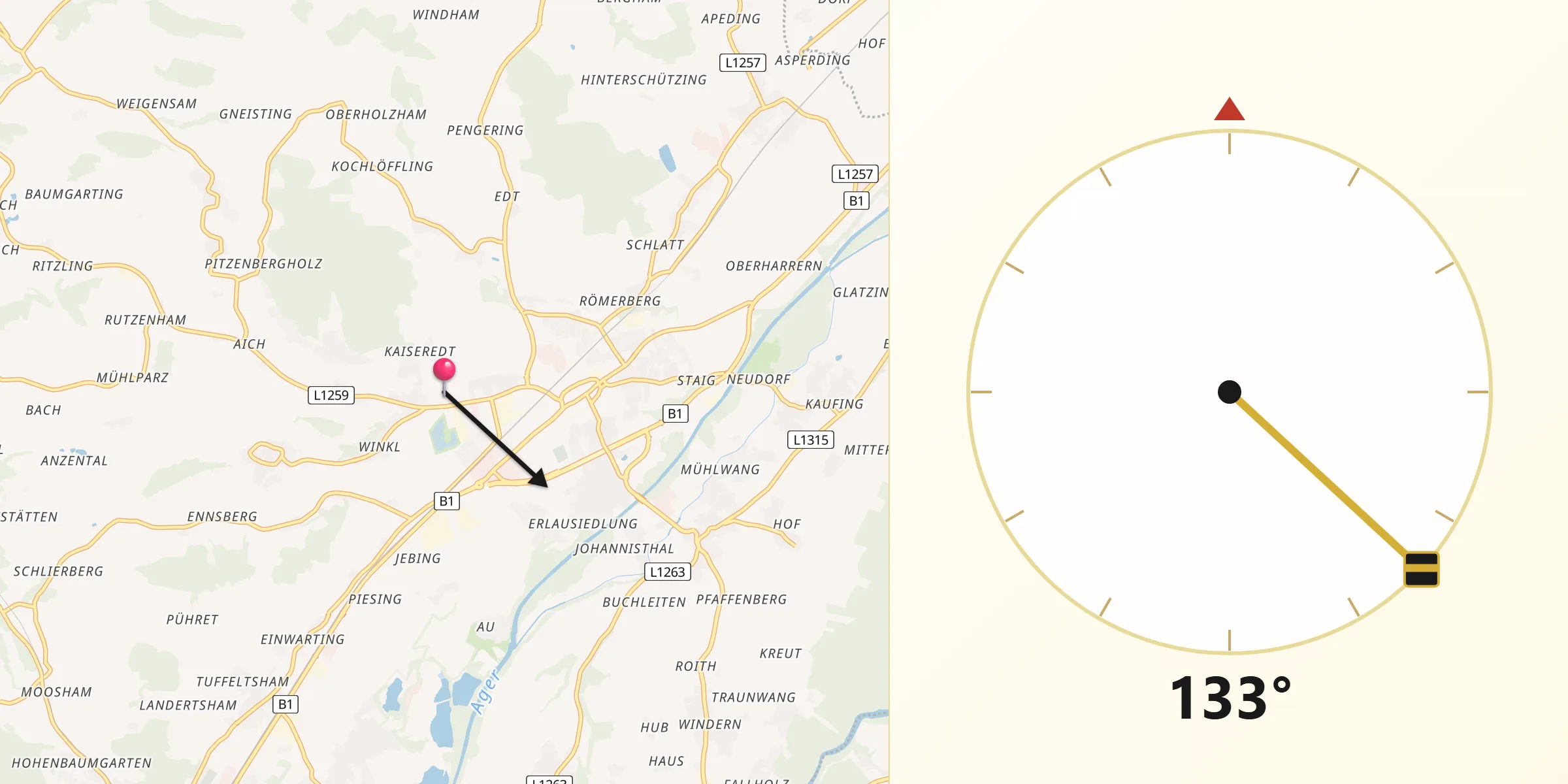 Qibla-Richtung von Oberndorf bei Schwanenstadt