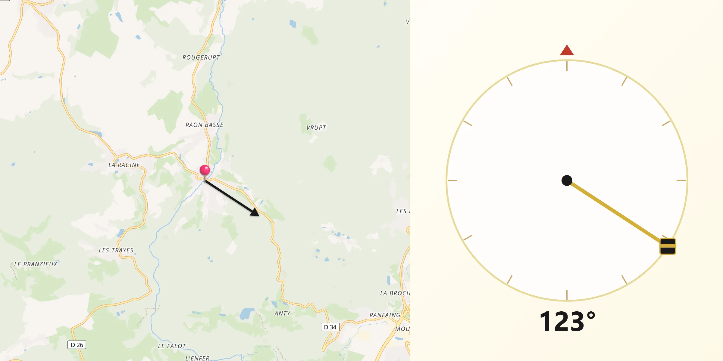Direction vers la Qibla depuis Raon-aux-Bois