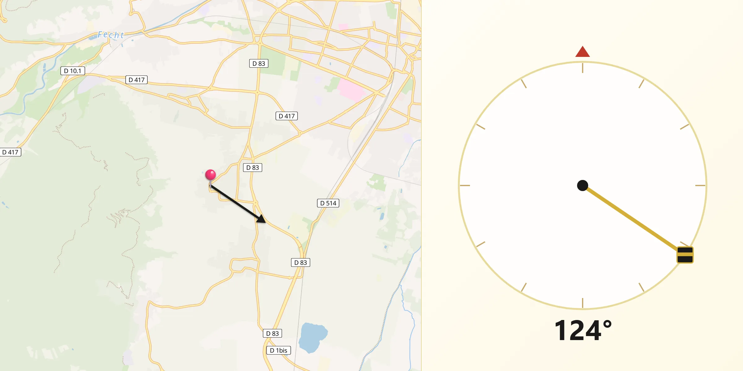 Direction vers la Qibla depuis Wettolsheim