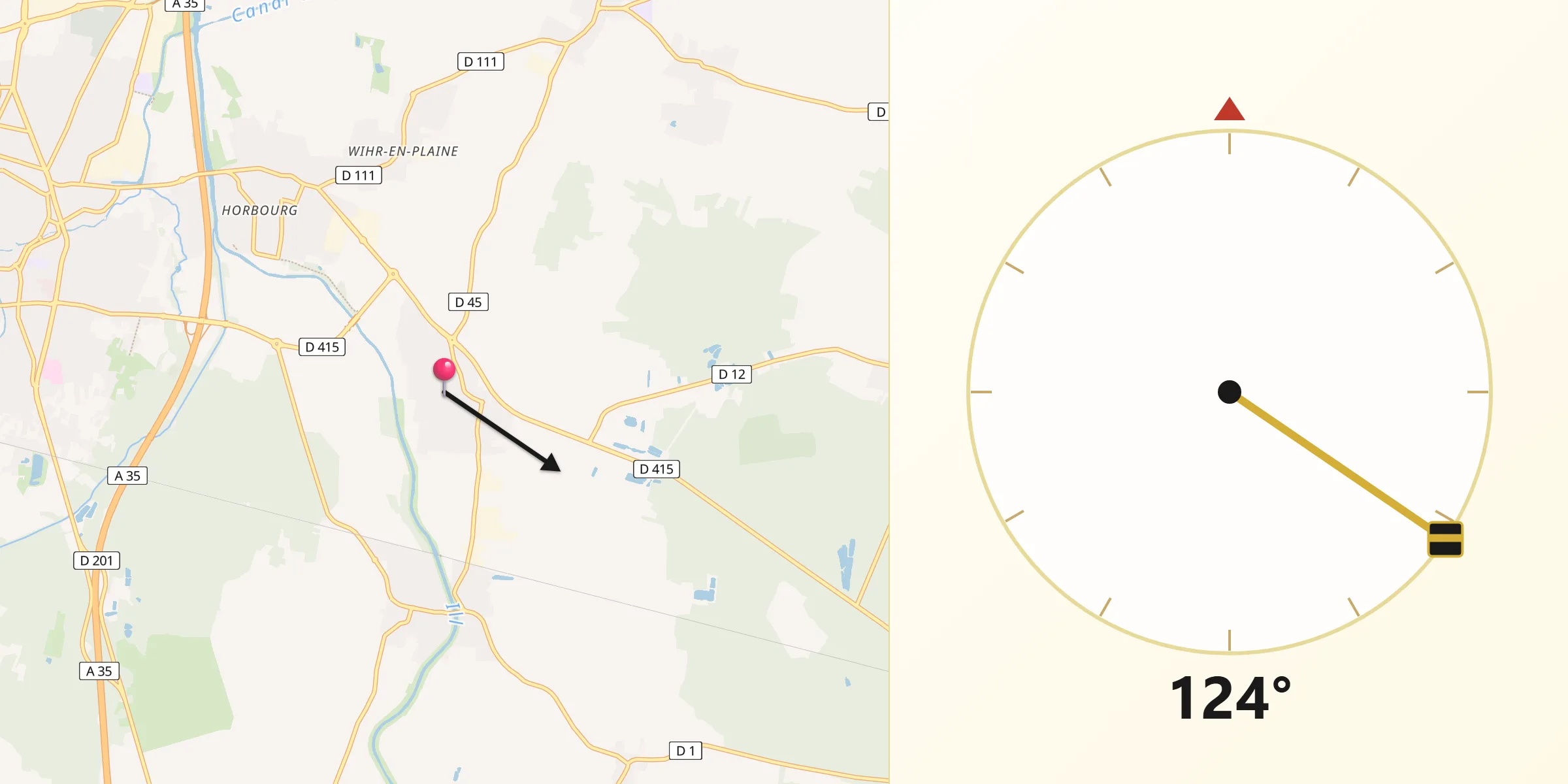 Direction vers la Qibla depuis Andolsheim