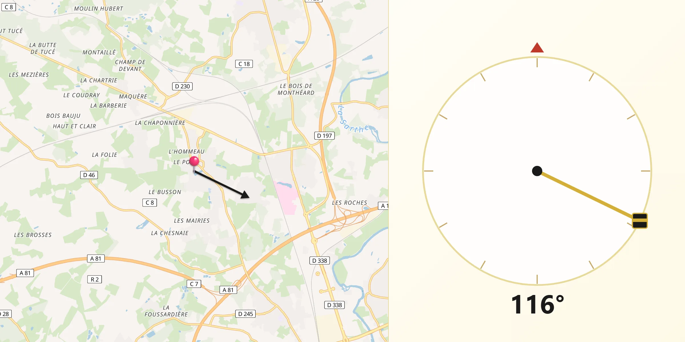 Direction vers la Qibla depuis La Milesse