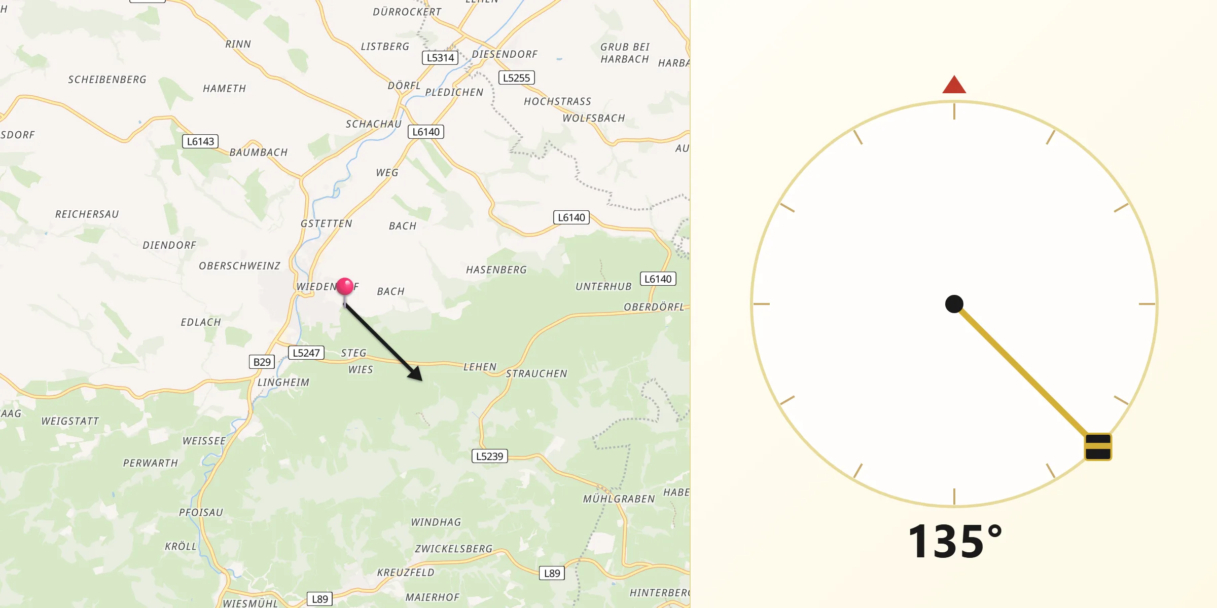 Qibla-Richtung von Oberndorf an der Melk