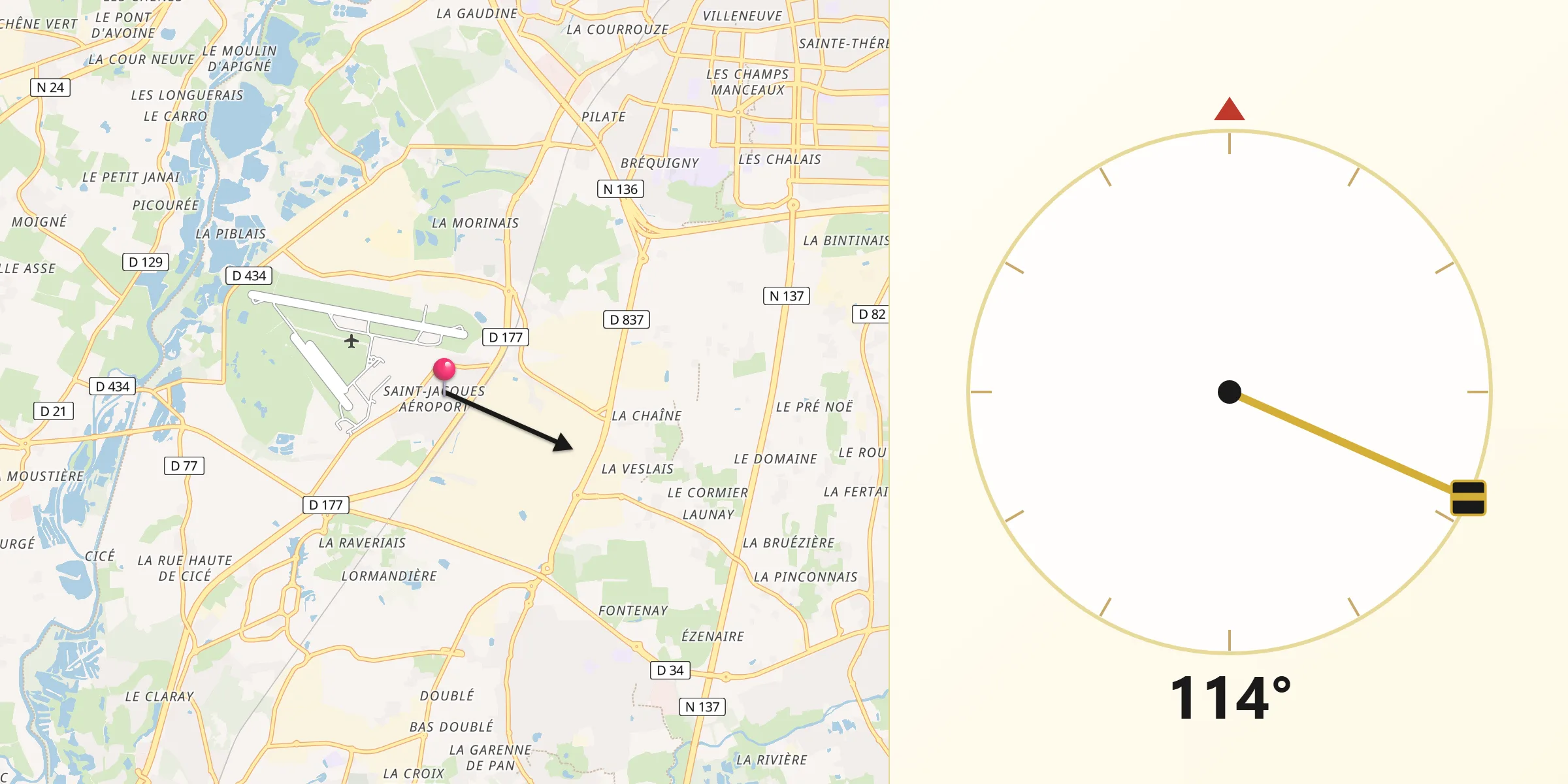 Direction vers la Qibla depuis Saint-Jacques-de-la-Lande