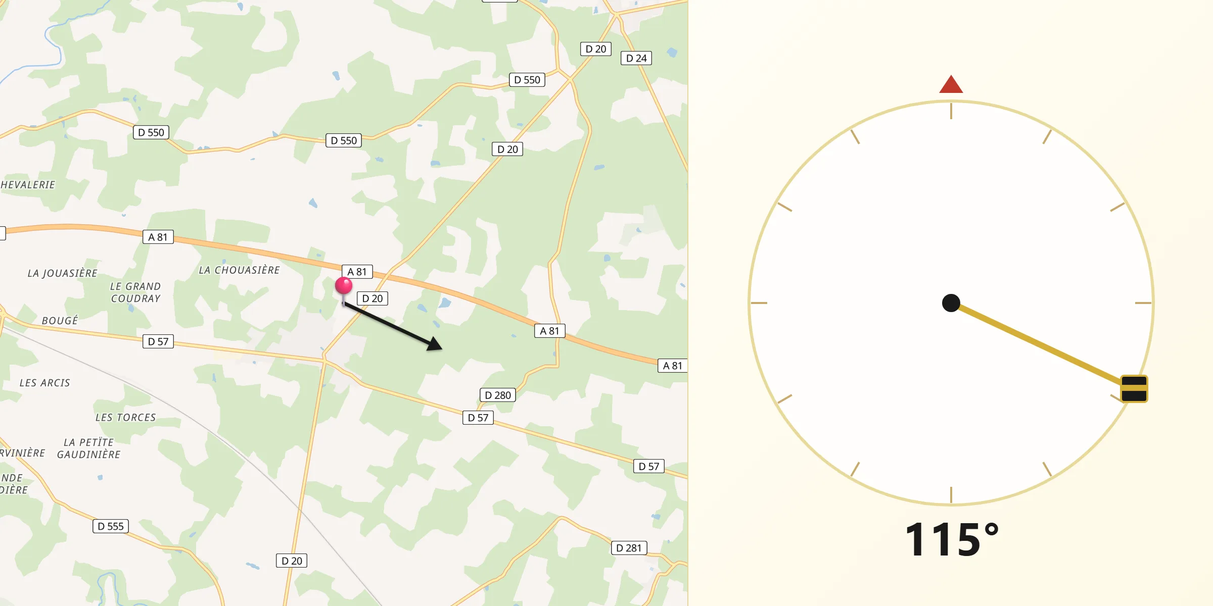 Direction vers la Qibla depuis Soulgé-sur-Ouette