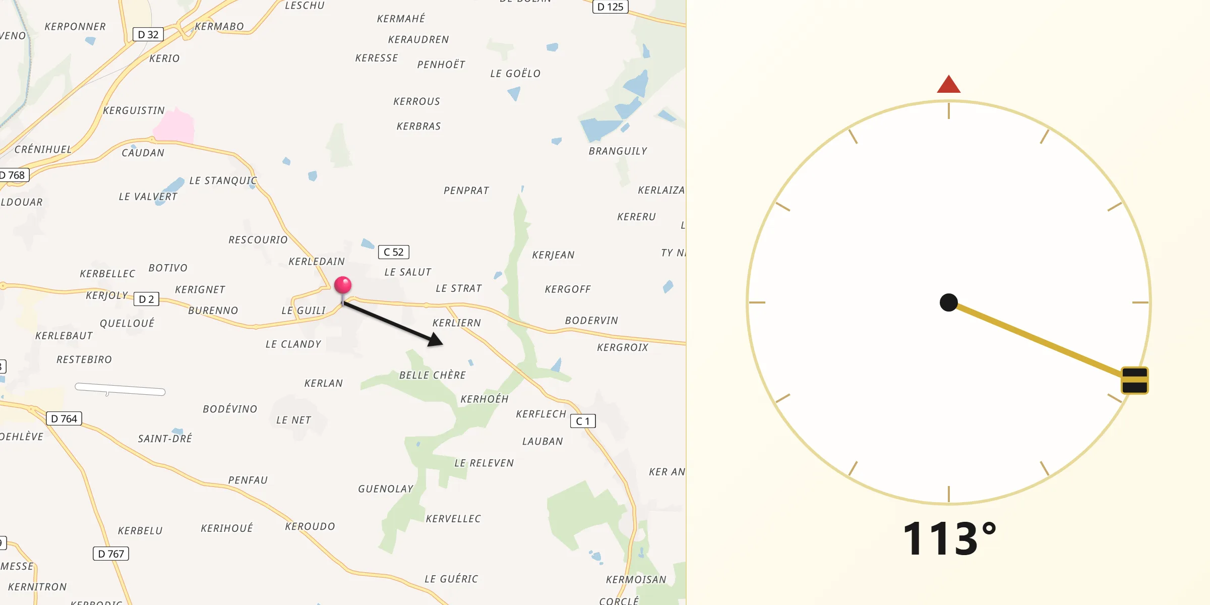Direction vers la Qibla depuis Noyal-Pontivy