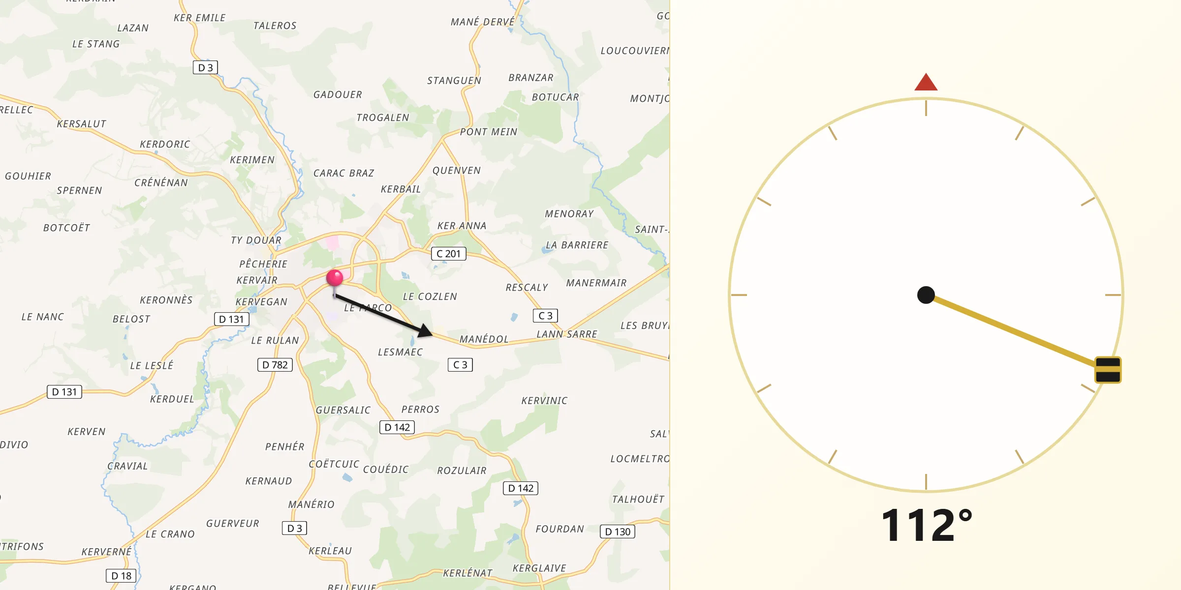 Direction vers la Qibla depuis Guémené-sur-Scorff