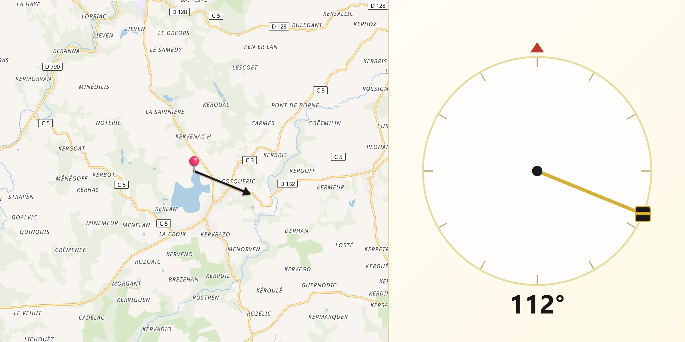 Direction vers la Qibla depuis Priziac