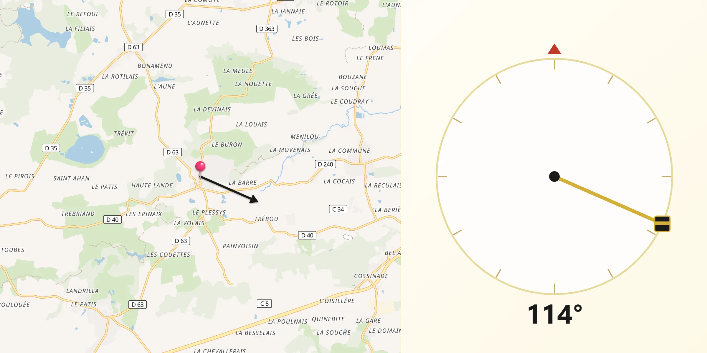 Direction vers la Qibla depuis Monterfil