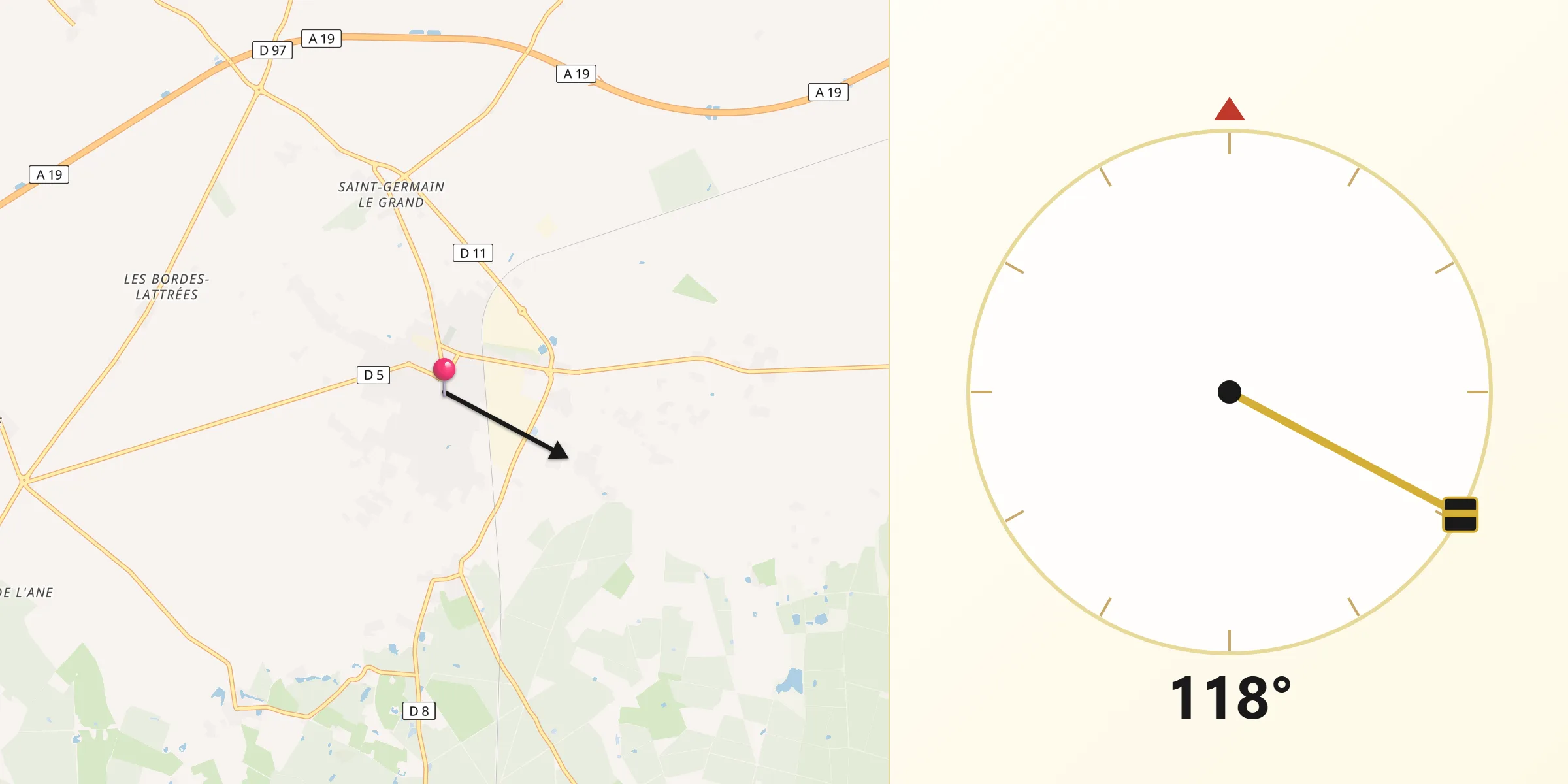 Direction vers la Qibla depuis Neuville-aux-Bois